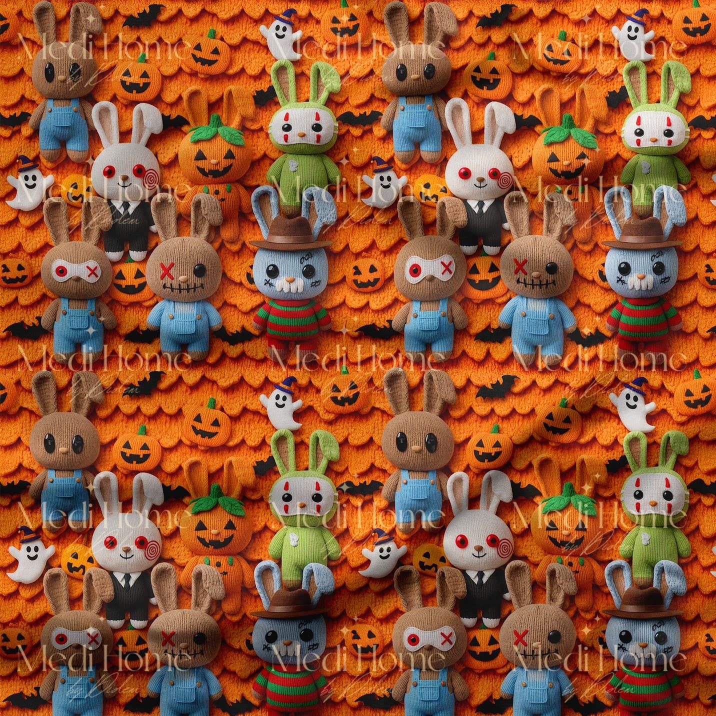 Balkabakları Arasında Tavşanların Halloween Partisi Dijital Baskılı Kumaş
