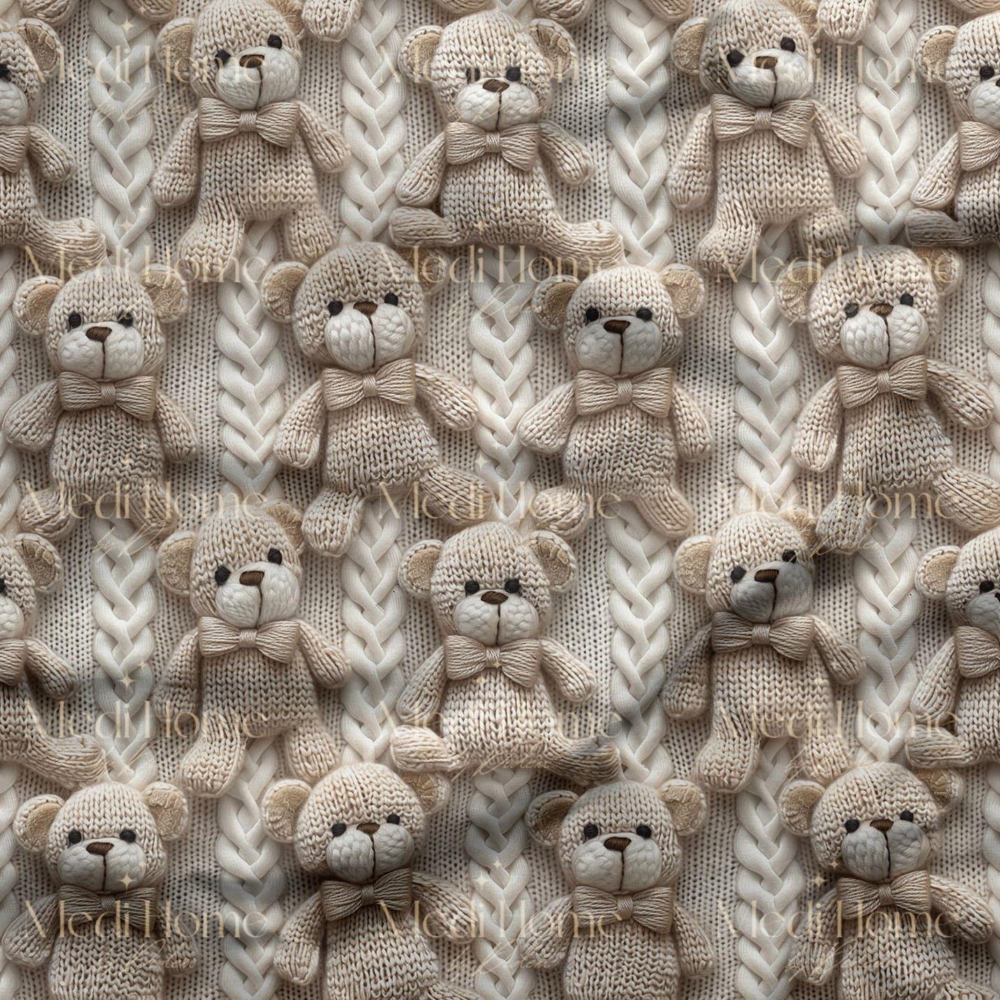 Bej İlmeklerde Fiyonklu Teddy Masalı Dijital Baskılı Kumaş