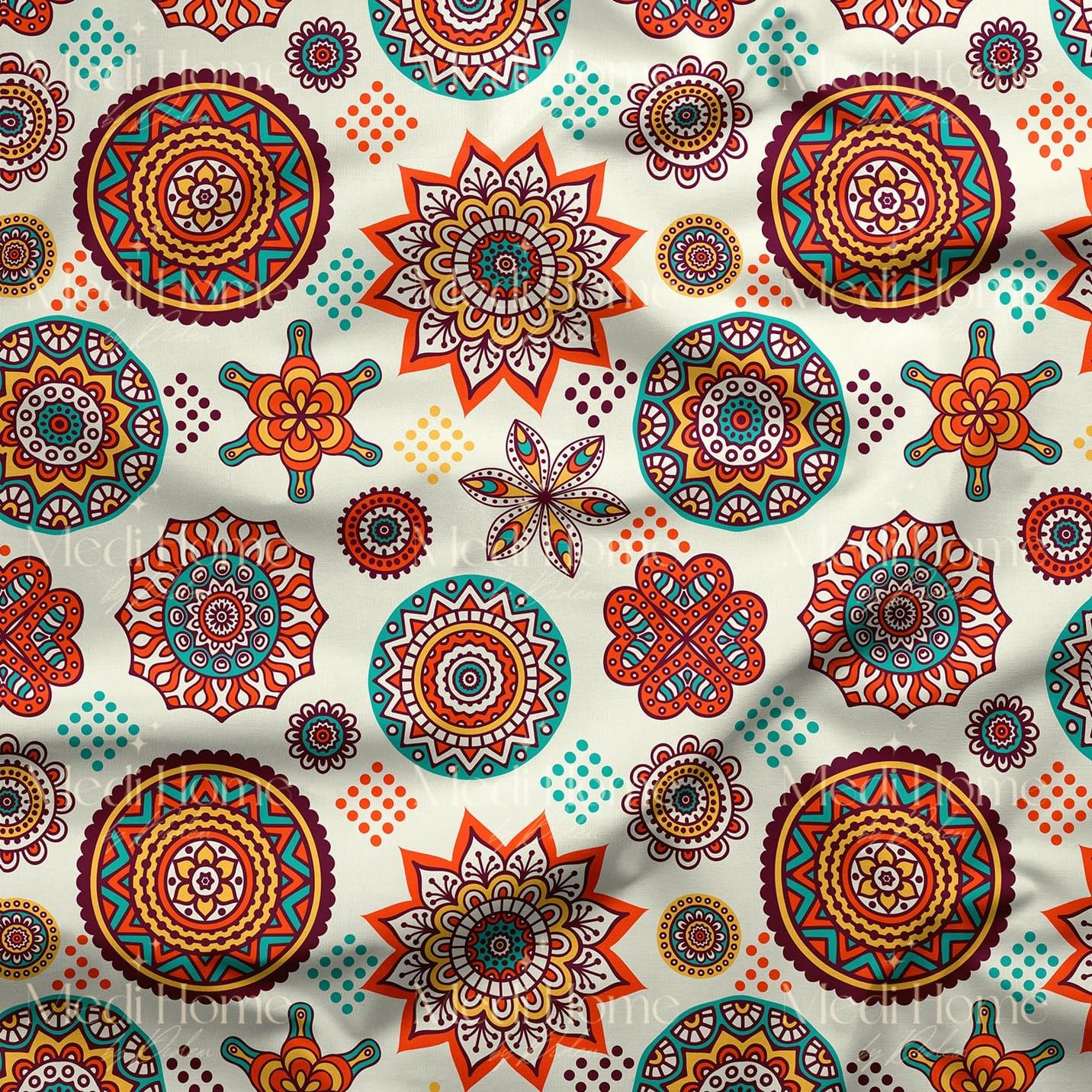 Beyaz Zemin, Renkli Etnik Mandala Desenli Dijital Baskılı Kumaş