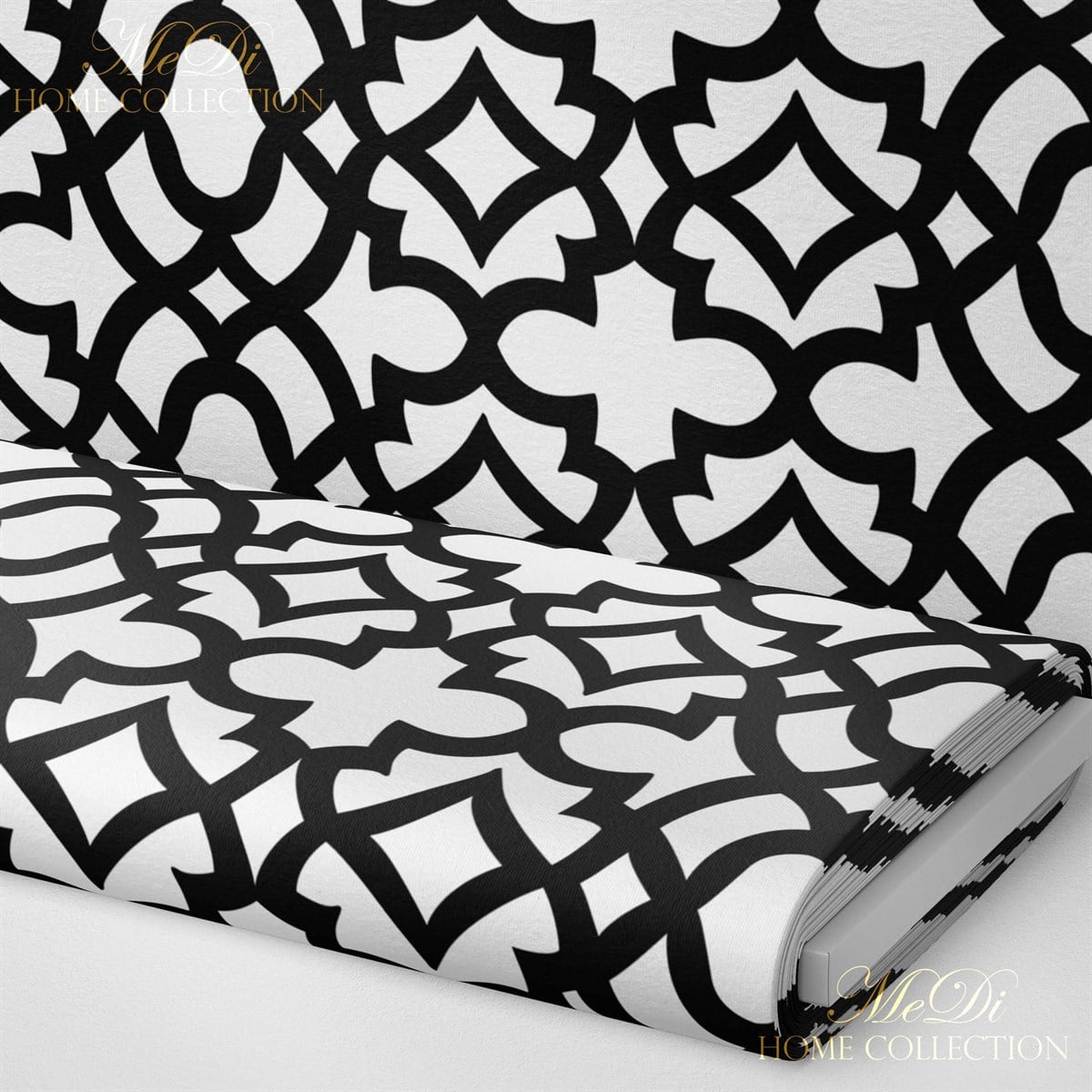 Beyaz Zemin, Siyah Geometrik Motif Desenli Dijital Baskılı Kumaş