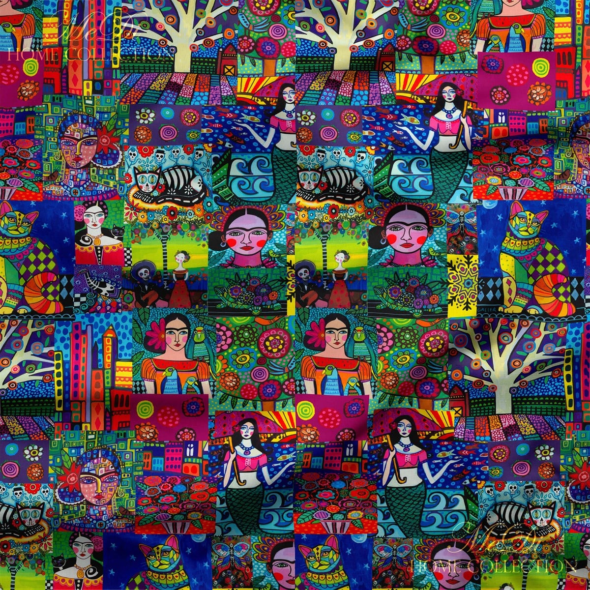 Canlı Renkli Frida Kahlo Patchwork Desenli Dijital Baskılı Kumaş
