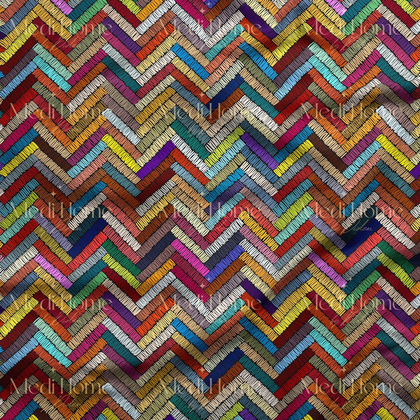 Canlı Zigzag Örgü Etnik Desenli Dijital Baskılı Kumaş
