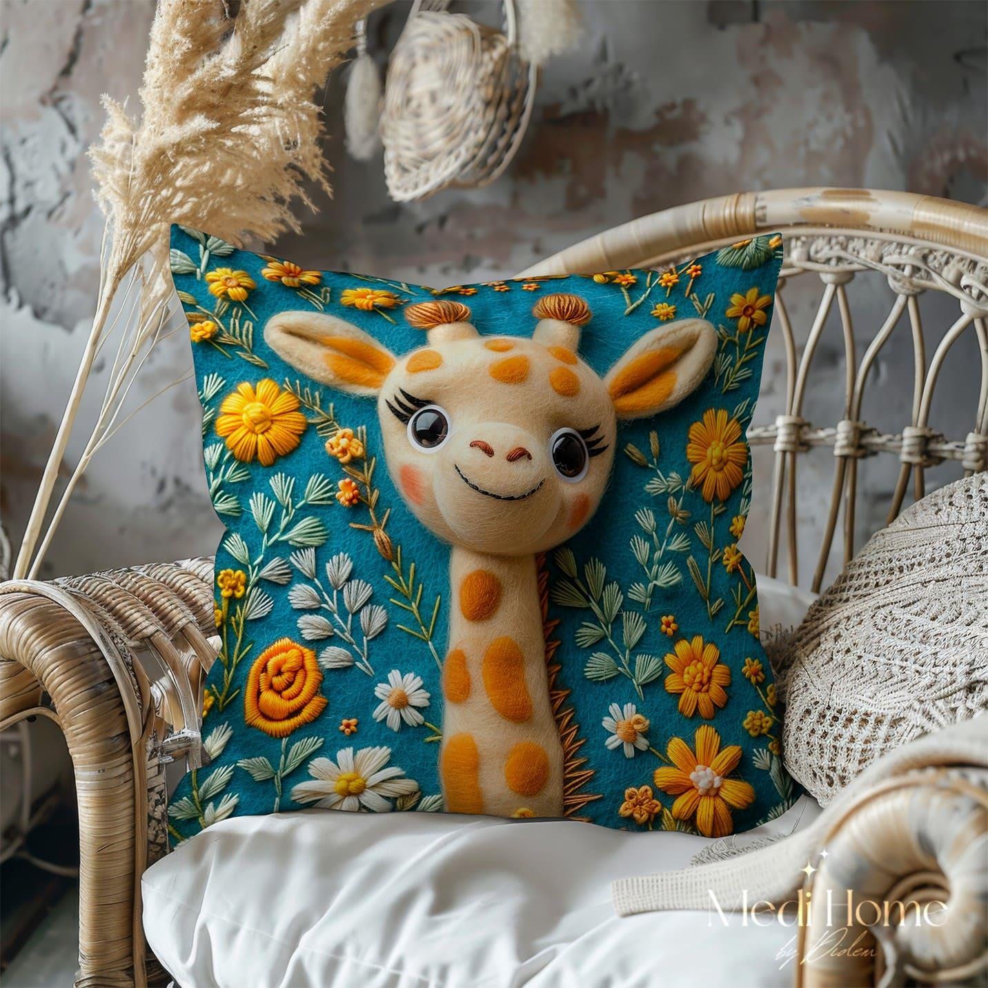 Çiçek Bahçesinde Sevimli Zürafa 3'lü Pano Kumaşı