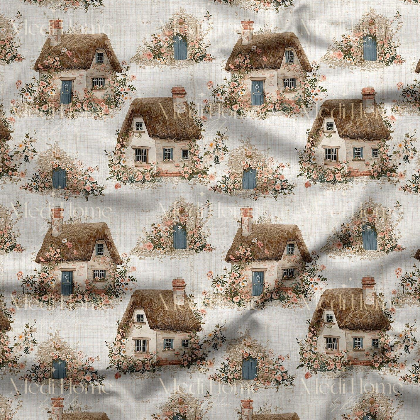 Çiçek Bahçesindeki Mavi Kapı Dijital Baskılı Kumaş