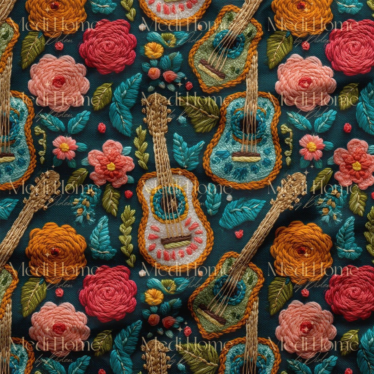 Çiçeklerle Dans Eden Gitarlar Dijital Baskılı Kumaş