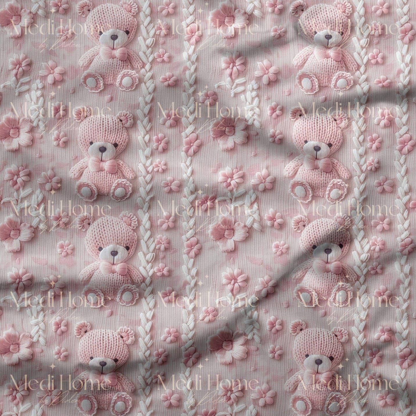 Çiçekli İlmeklerin Arasında Pembe Teddy Dijital Baskılı Kumaş