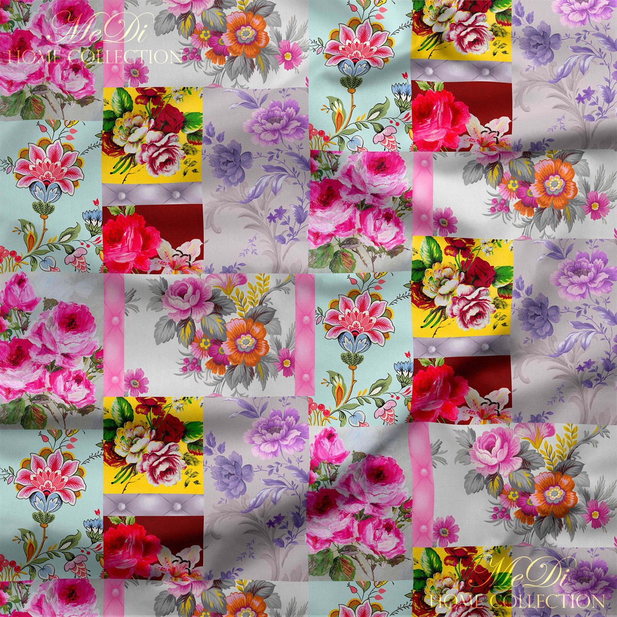 Çiçekli Patchwork Desenli Dijital Baskılı Kumaş