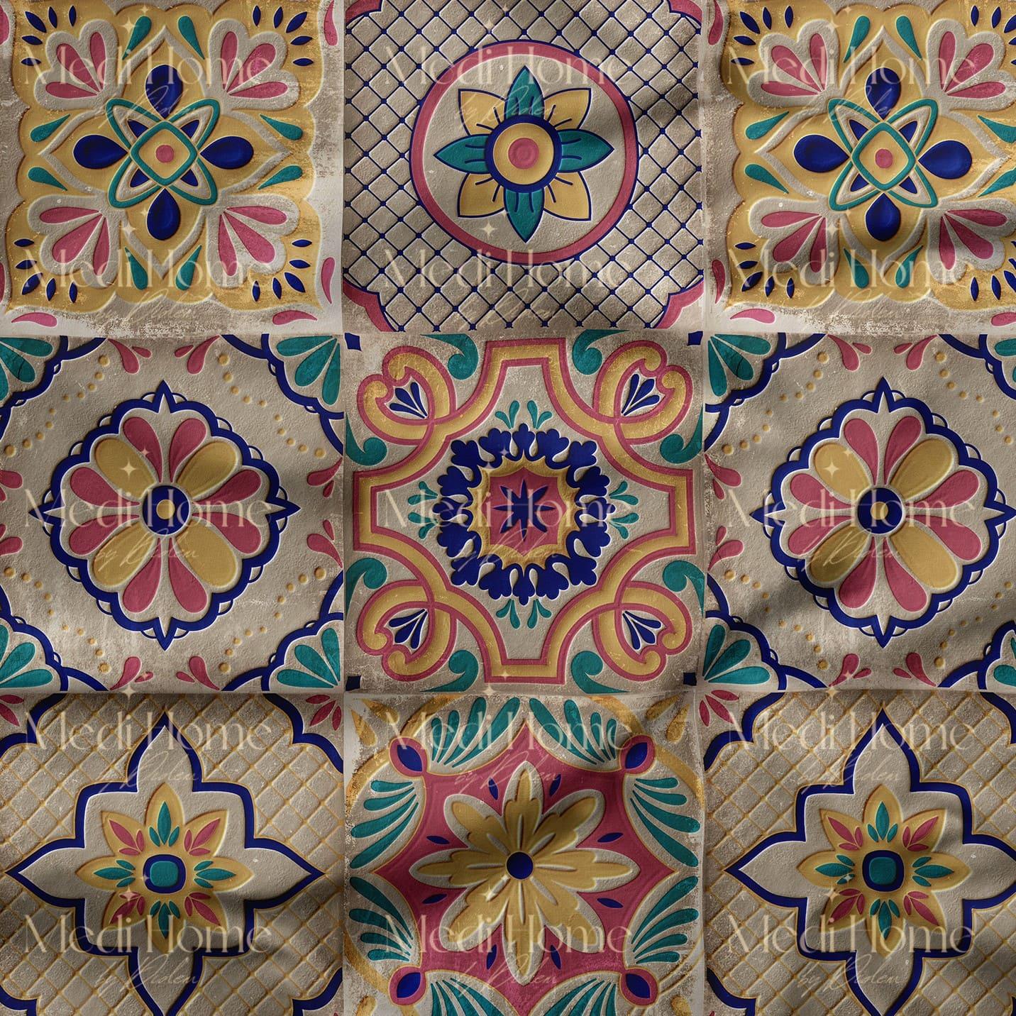 Çini Esintili Pastel Rüyası Dijital Baskılı Kumaş