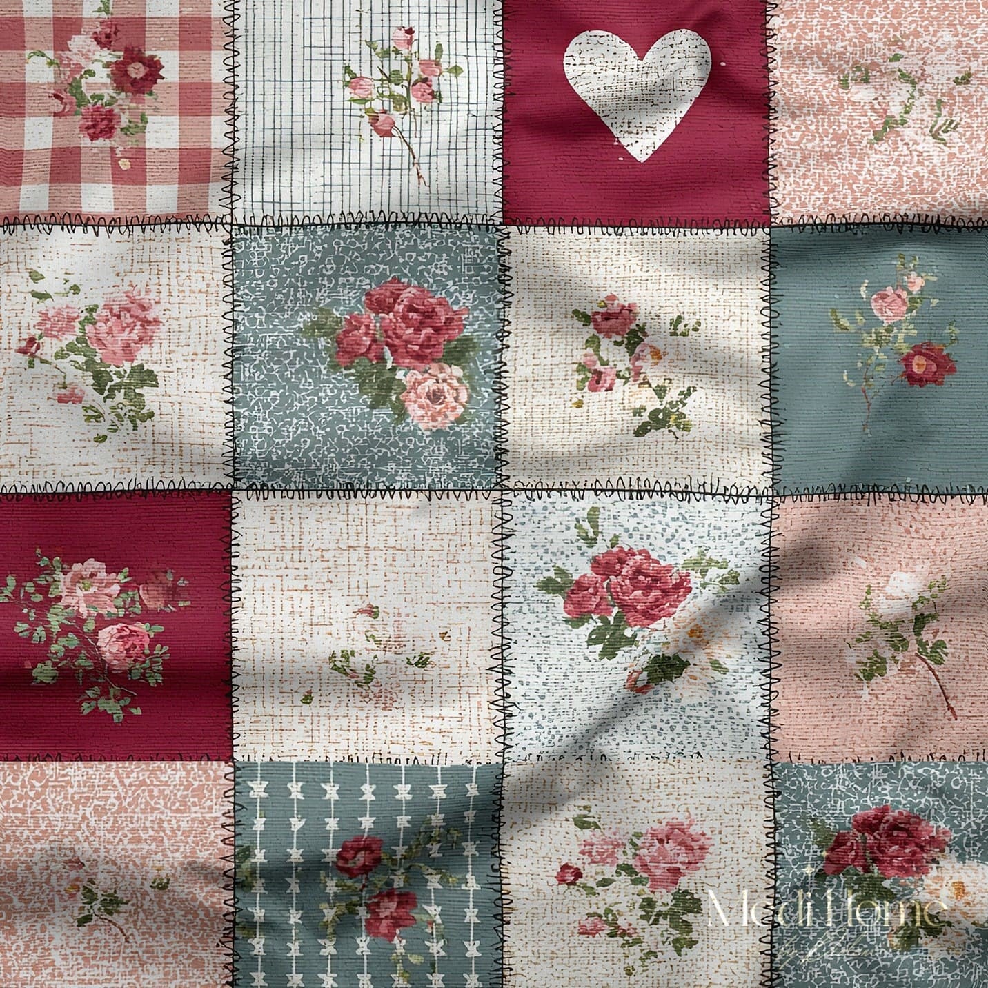 Country Patchwork Gül Masalı Dijital Baskılı Kumaş