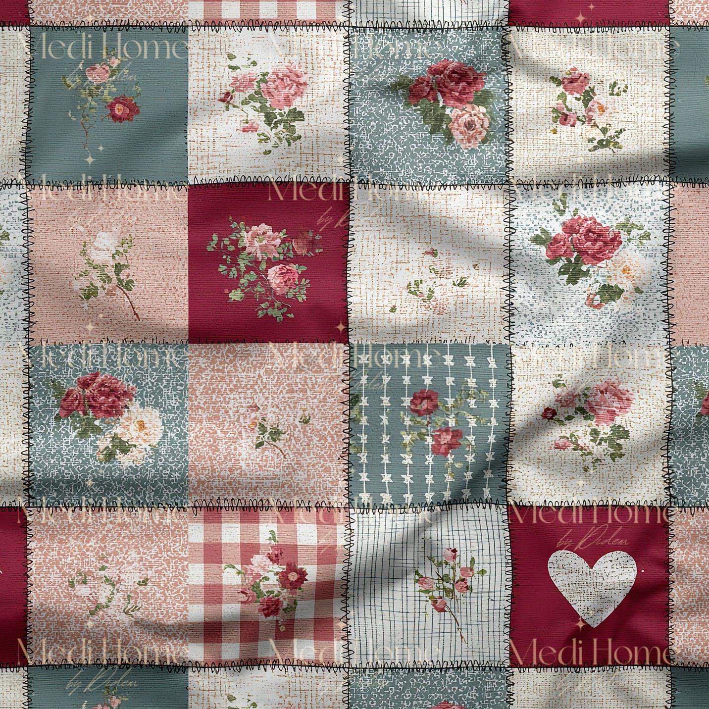 Country Patchwork Gül Masalı Dijital Baskılı Kumaş