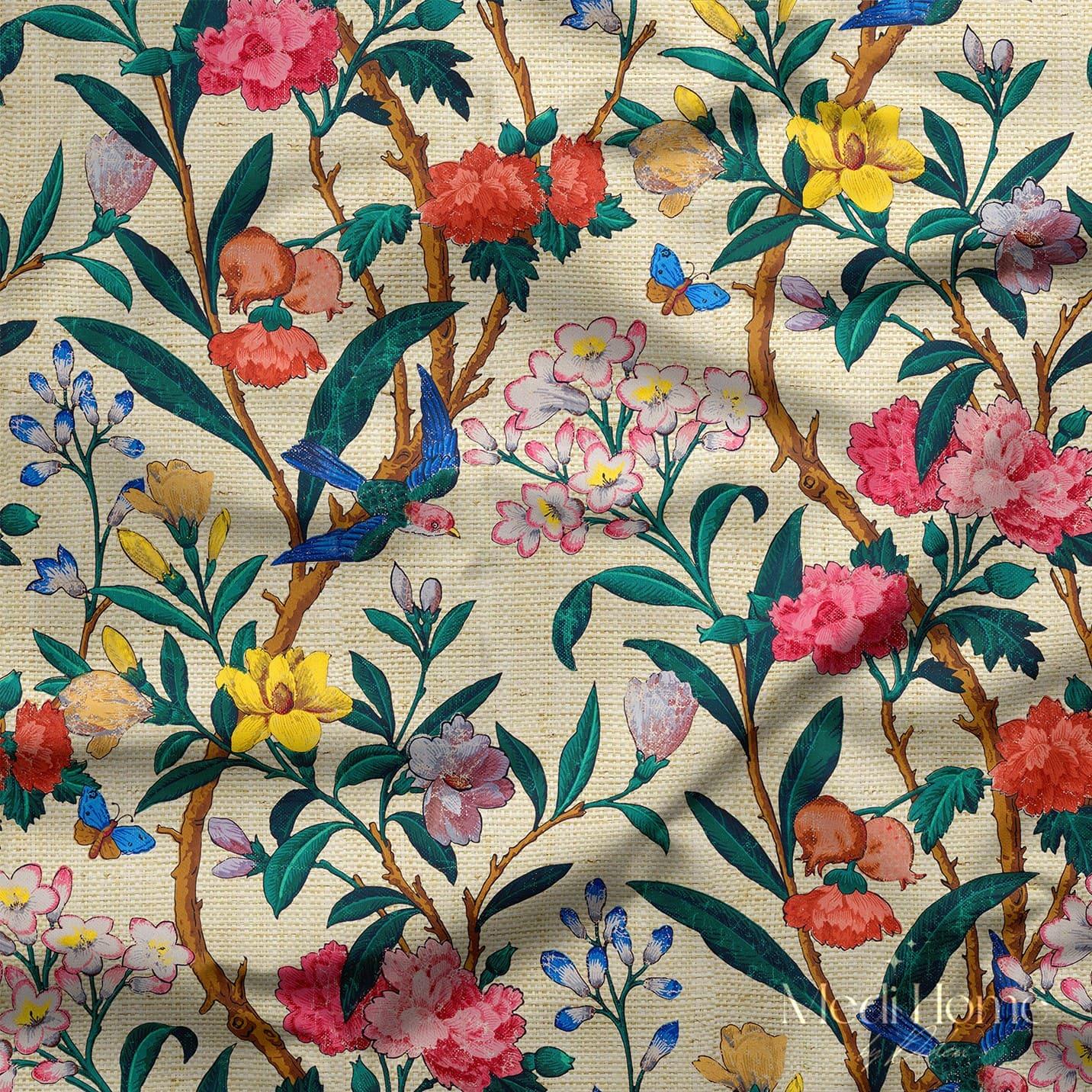 Çuval Dokusunda Çiçekli Bahar Tablosu Dijital Baskılı Kumaş