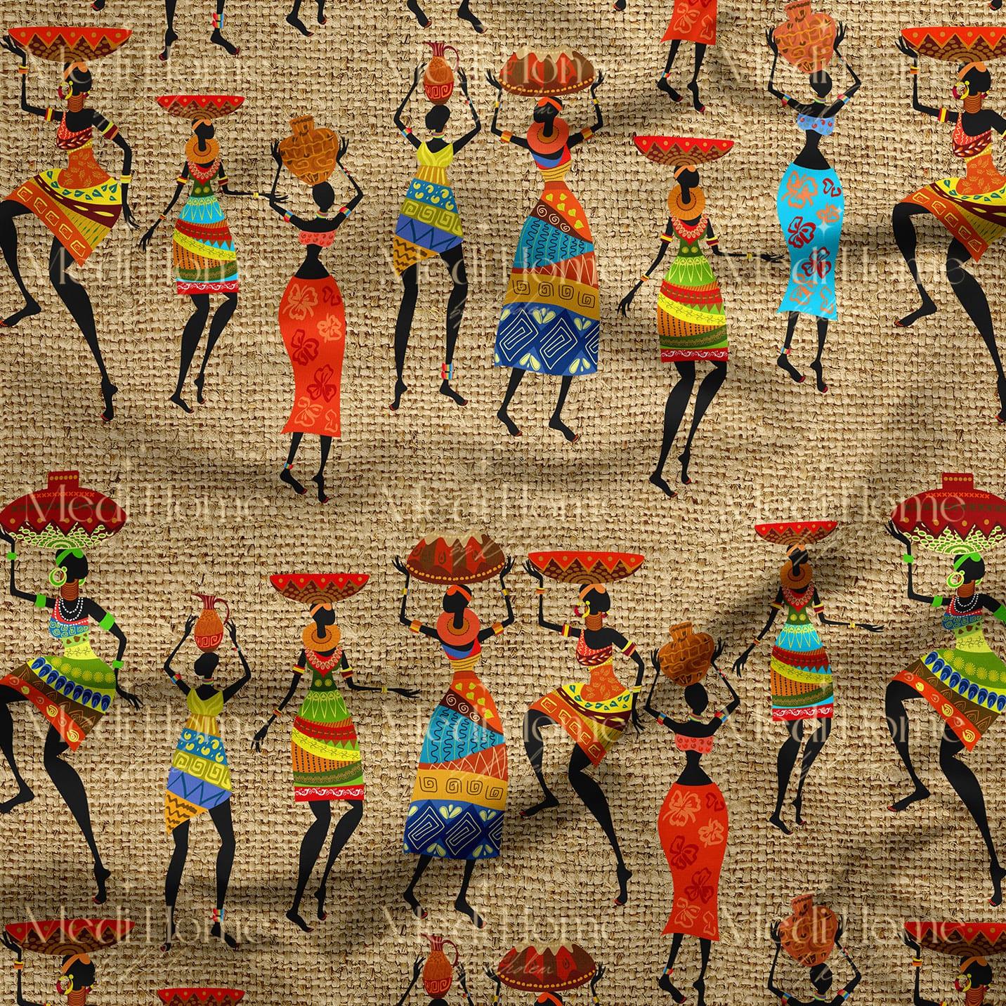 Çuval Zemin Etnik Kıyafetli Afrikalı Kadın Desenli Dijital Baskılı Kumaş