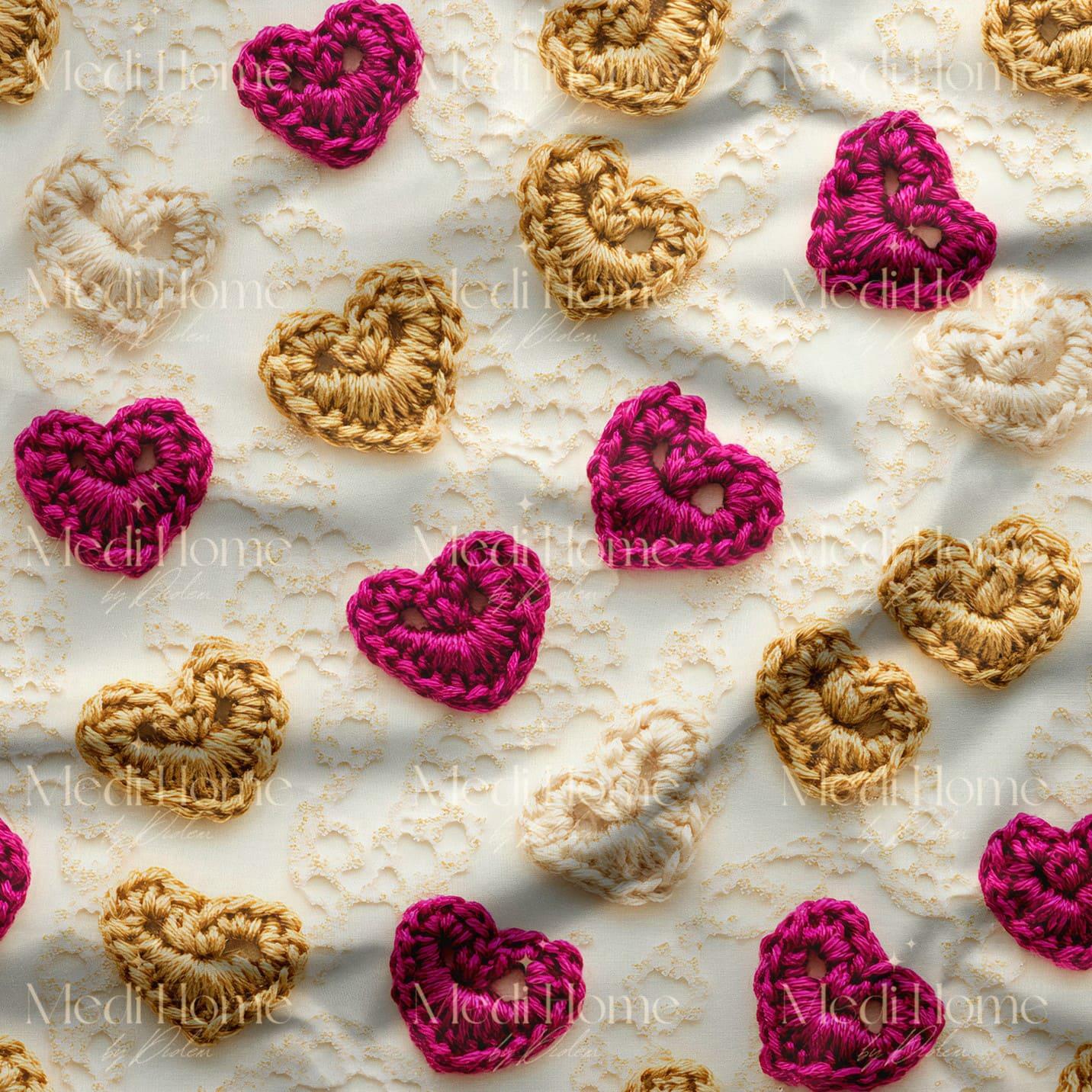 Dantelin Üzerinde Örme Kalpler Dijital Baskılı Kumaş