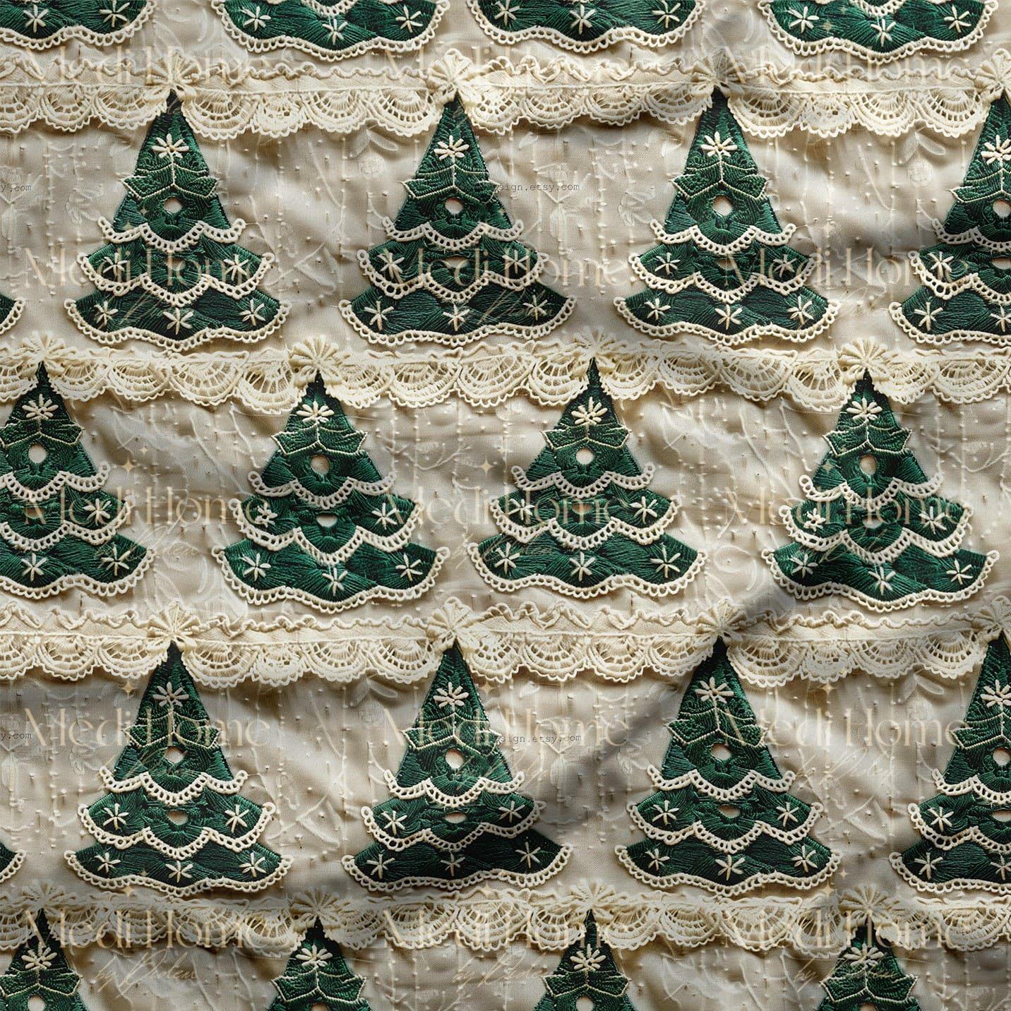Dantelli Zarafet Ormanı – 3D Vintage Yılbaşı Ağaçları Dijital Baskılı Kumaş