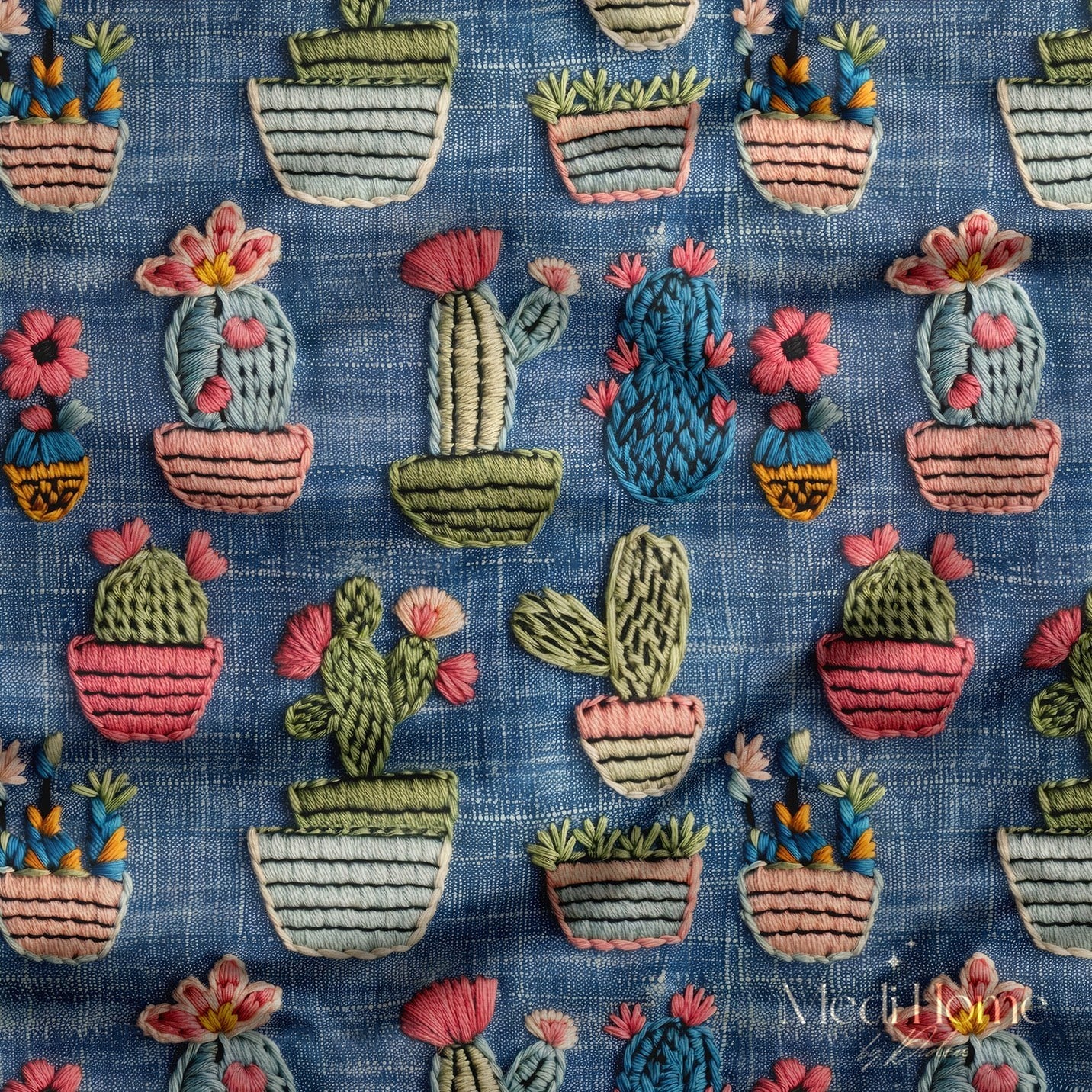 Denim Zeminde Nakış Efektli Kaktüs Koleksiyonu – Dijital Baskılı Kumaş