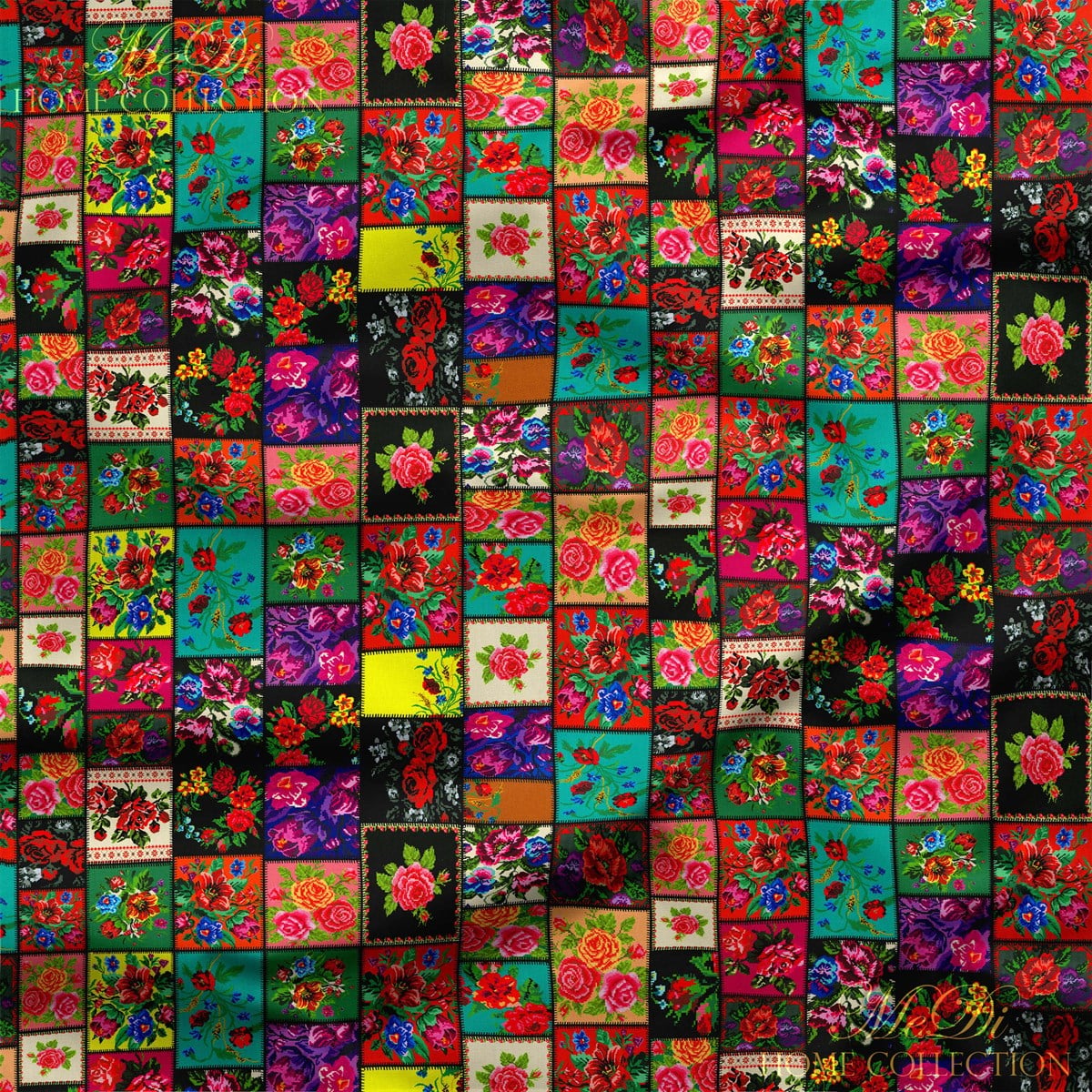 Dokuma Kilim Görünümlü Çiçekli Patchwork Desenli Dijital Baskılı Kumaş