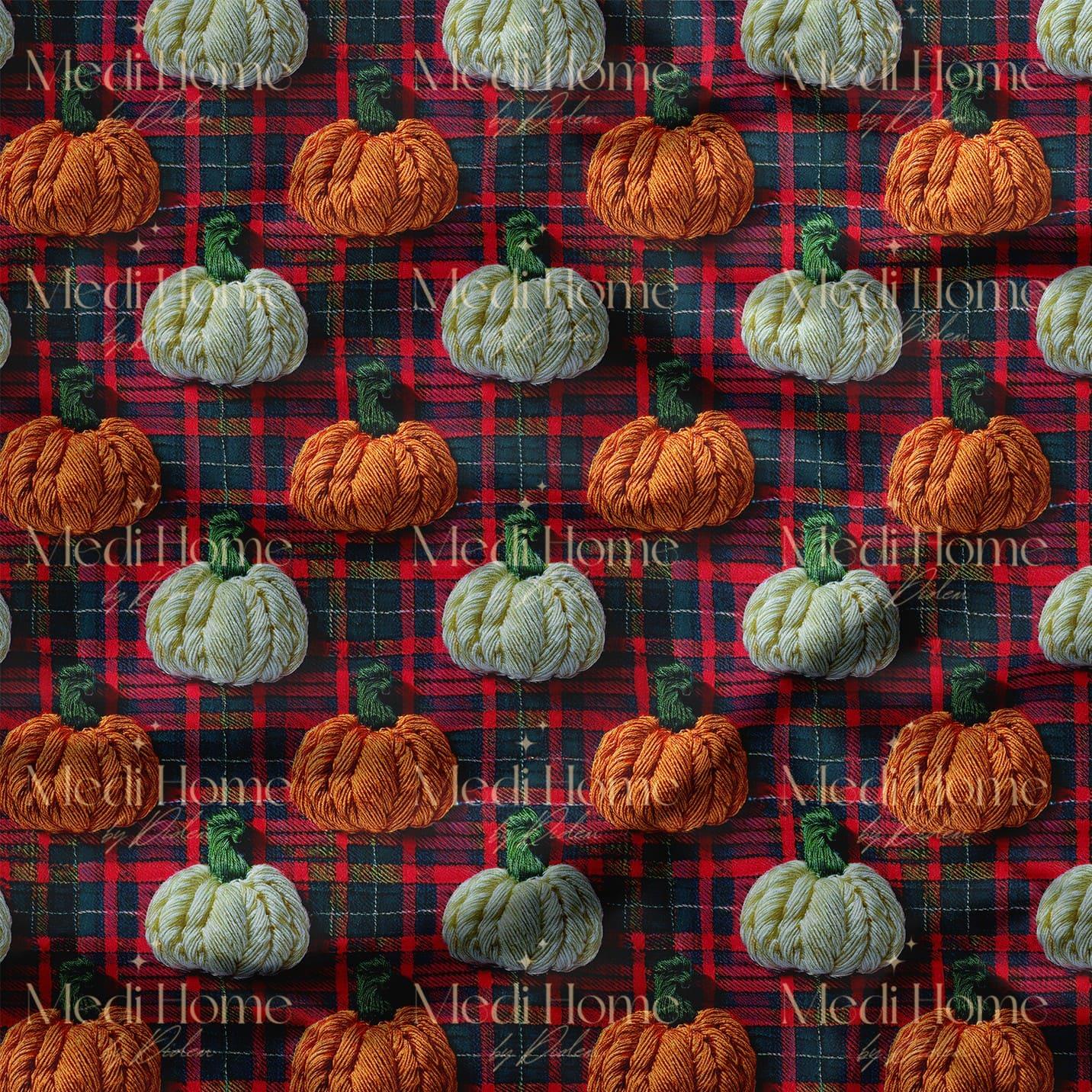 Ekose Üzerinde Balkabaklarının Neşesi Dijital Baskılı Kumaş