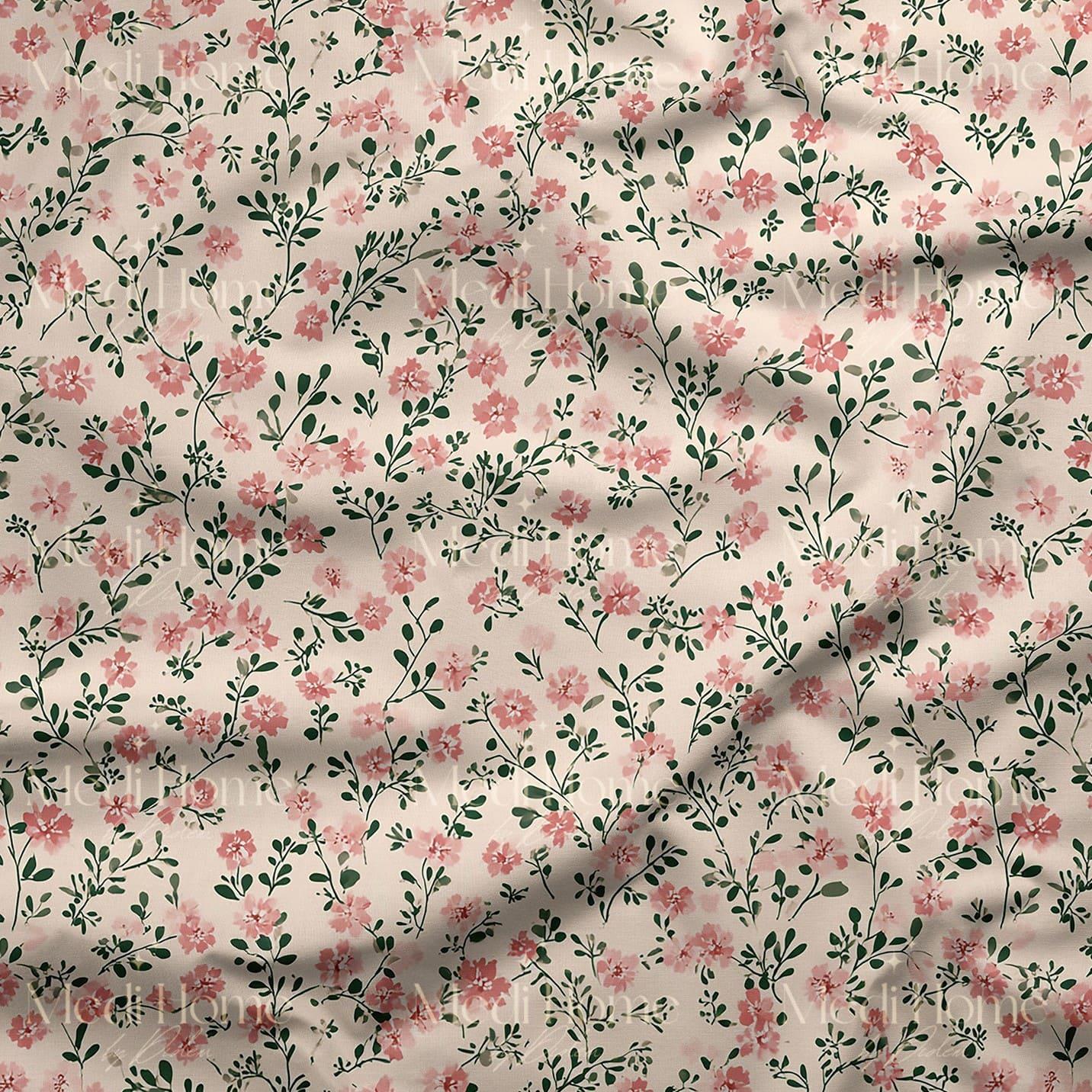 Ekru Zeminde Mini Pembe Çiçek Dalları Dijital Baskılı Kumaş