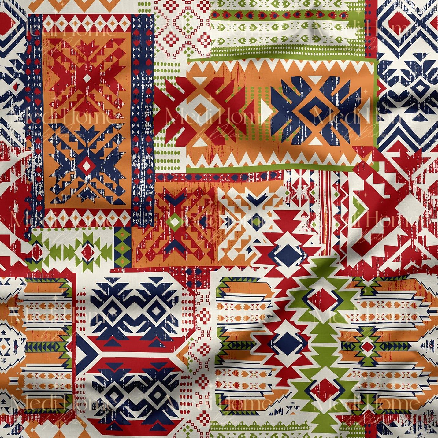 Etnik Renklerin Patchwork Dansı Dijital Baskılı Kumaş