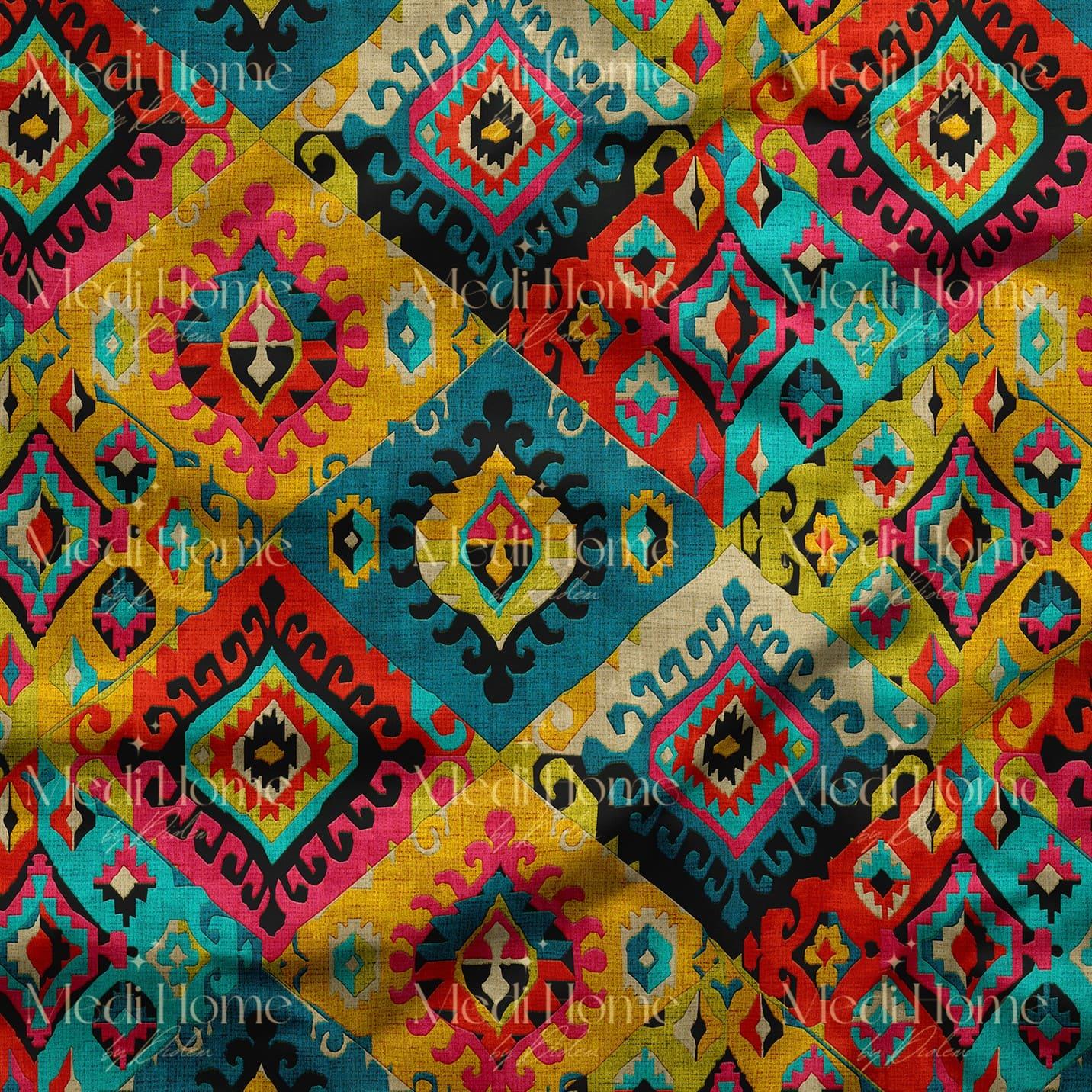 Etnik Renklerin Patchwork Dansı Dijital Baskılı Kumaş