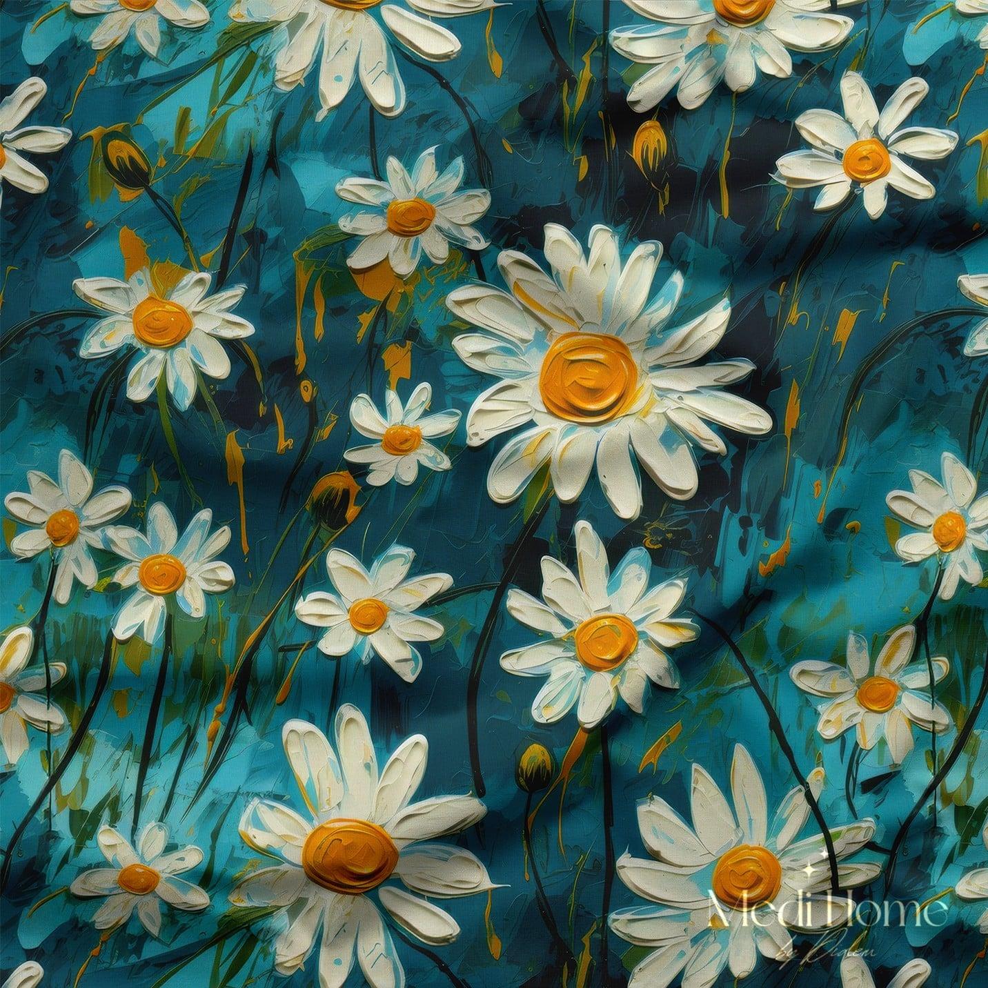 Fırça Darbesiyle Açan Papatyalar Dijital Baskılı Kumaş