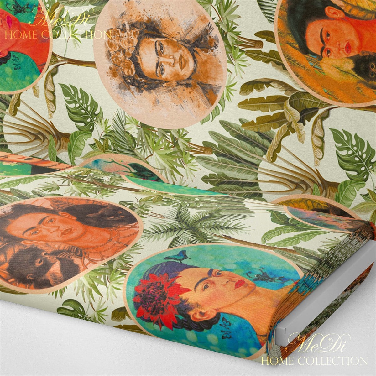 Frida Kahlo Yaprak Desenli Dijital Baskılı Kumaş