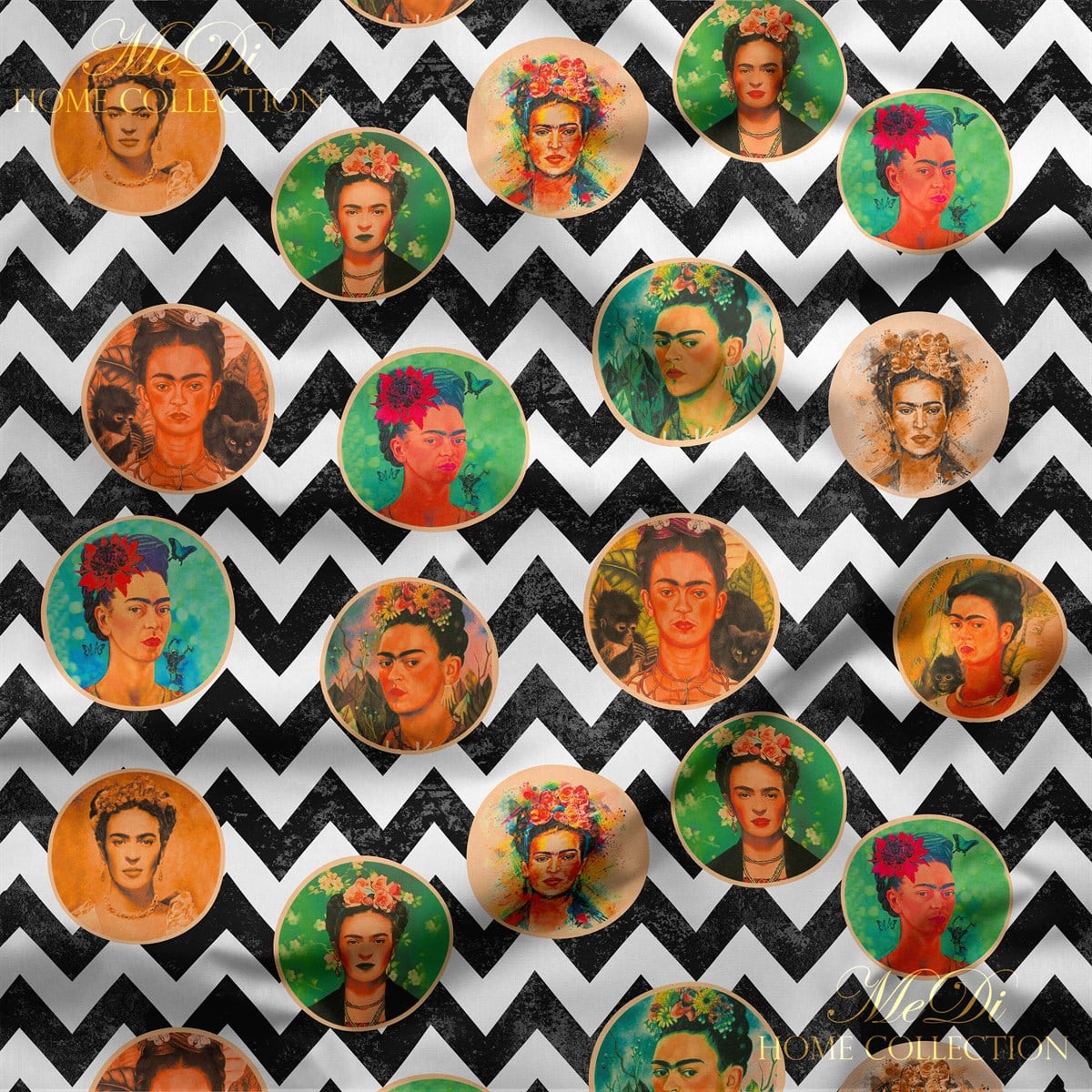 Frida Kahlo Zigzag Desenli Dijital Baskılı Kumaş