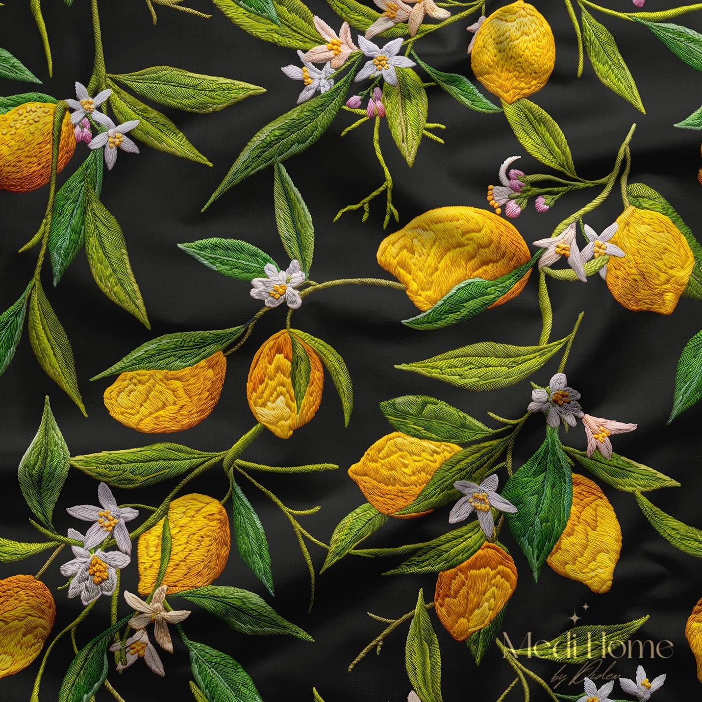Gece Bahçesi Limonları 3 Boyutlu Nakış Efektli Dijital Baskılı Kumaş