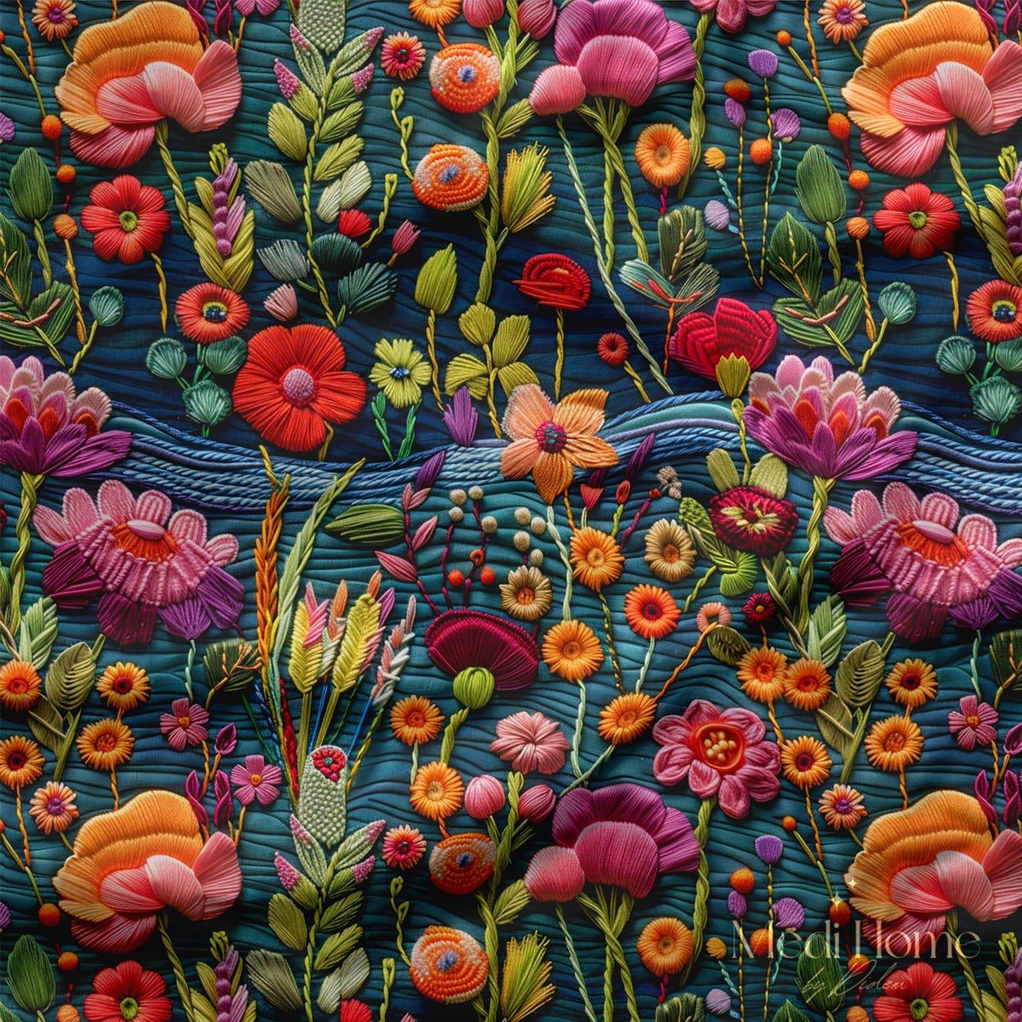 Gece Bahçesinde Renkli Nakışlar Dijital Baskılı Kumaş