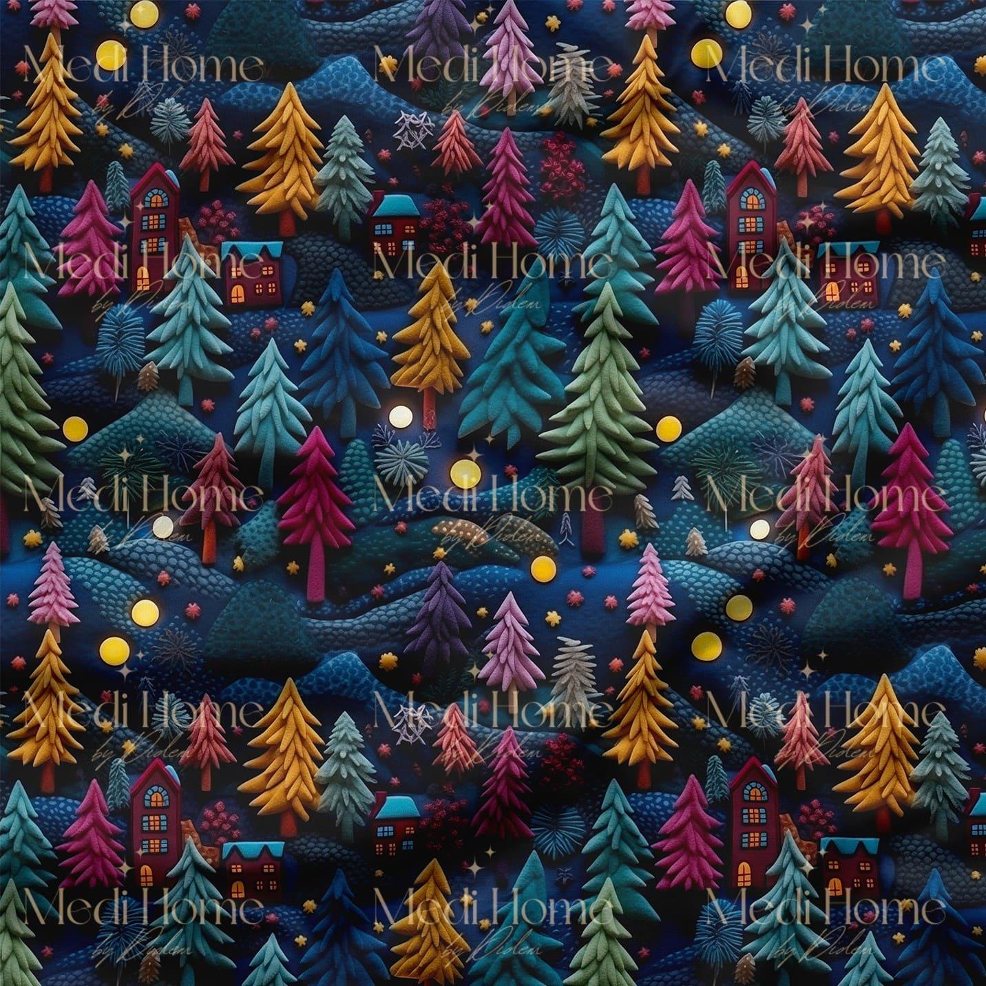 Gece Işığının Renkli Keçe Ormanı – 3D Yılbaşı Deseni Dijital Baskılı Kumaş