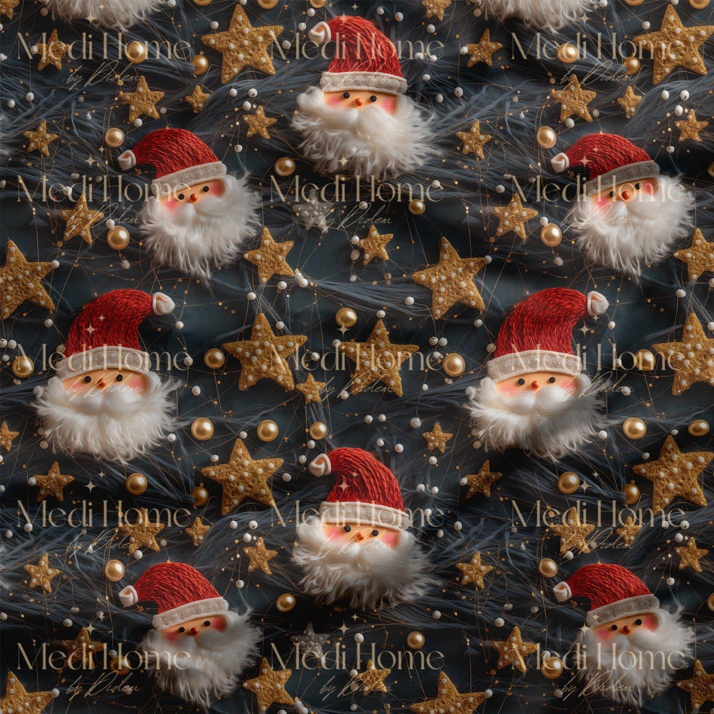 Gece Işıltısında Altın Yıldızlı Noel Baba Dijital Baskılı Kumaş