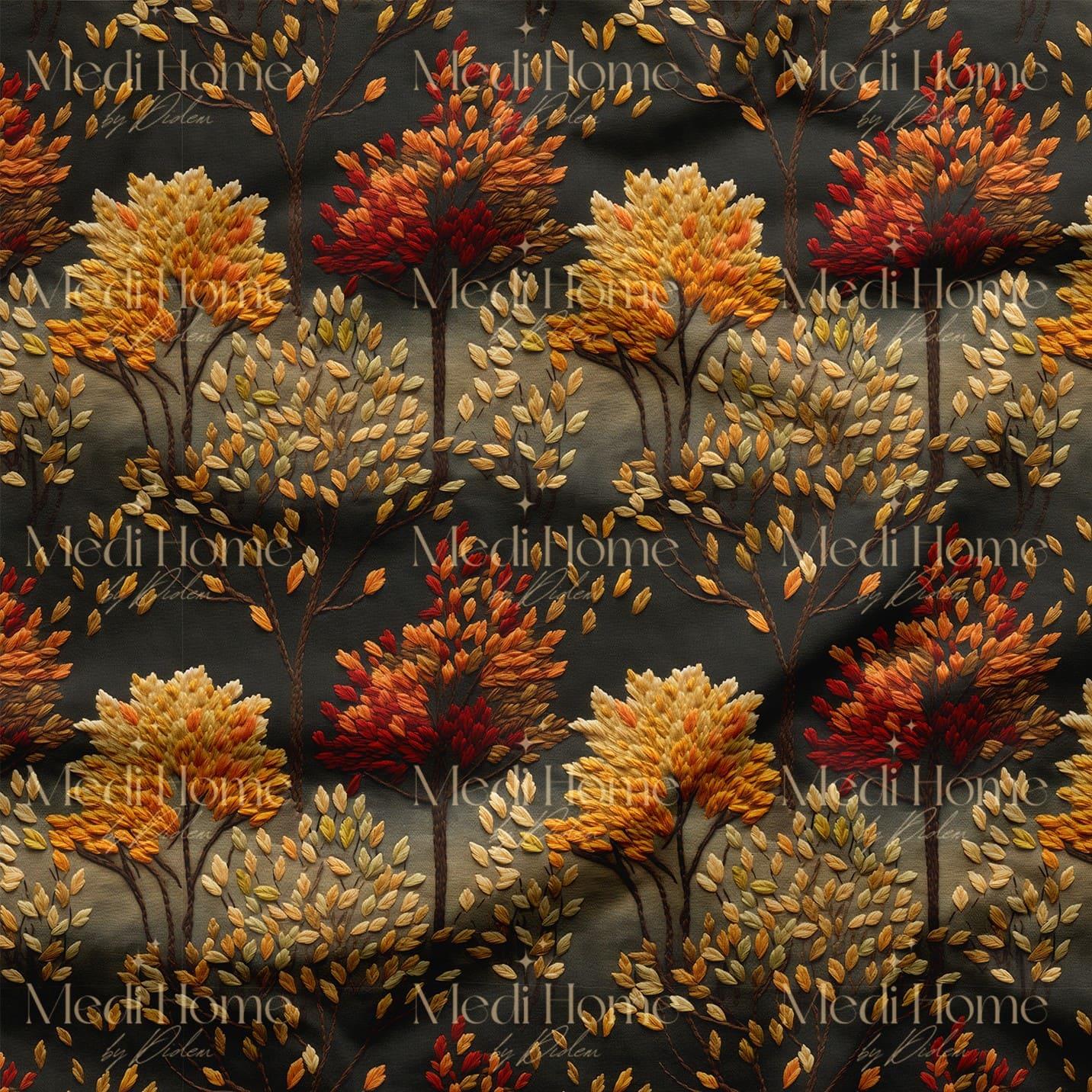 Gece Işıltısında Sonbahar Ormanı Dijital Baskılı Kumaş