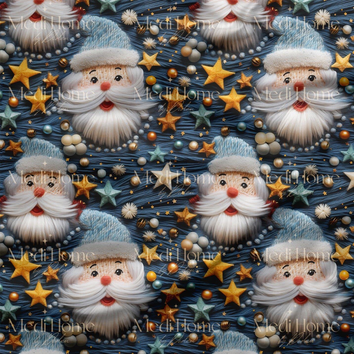 Gece Mavisi Işıltılı Noel Baba Dijital Baskılı Kumaş
