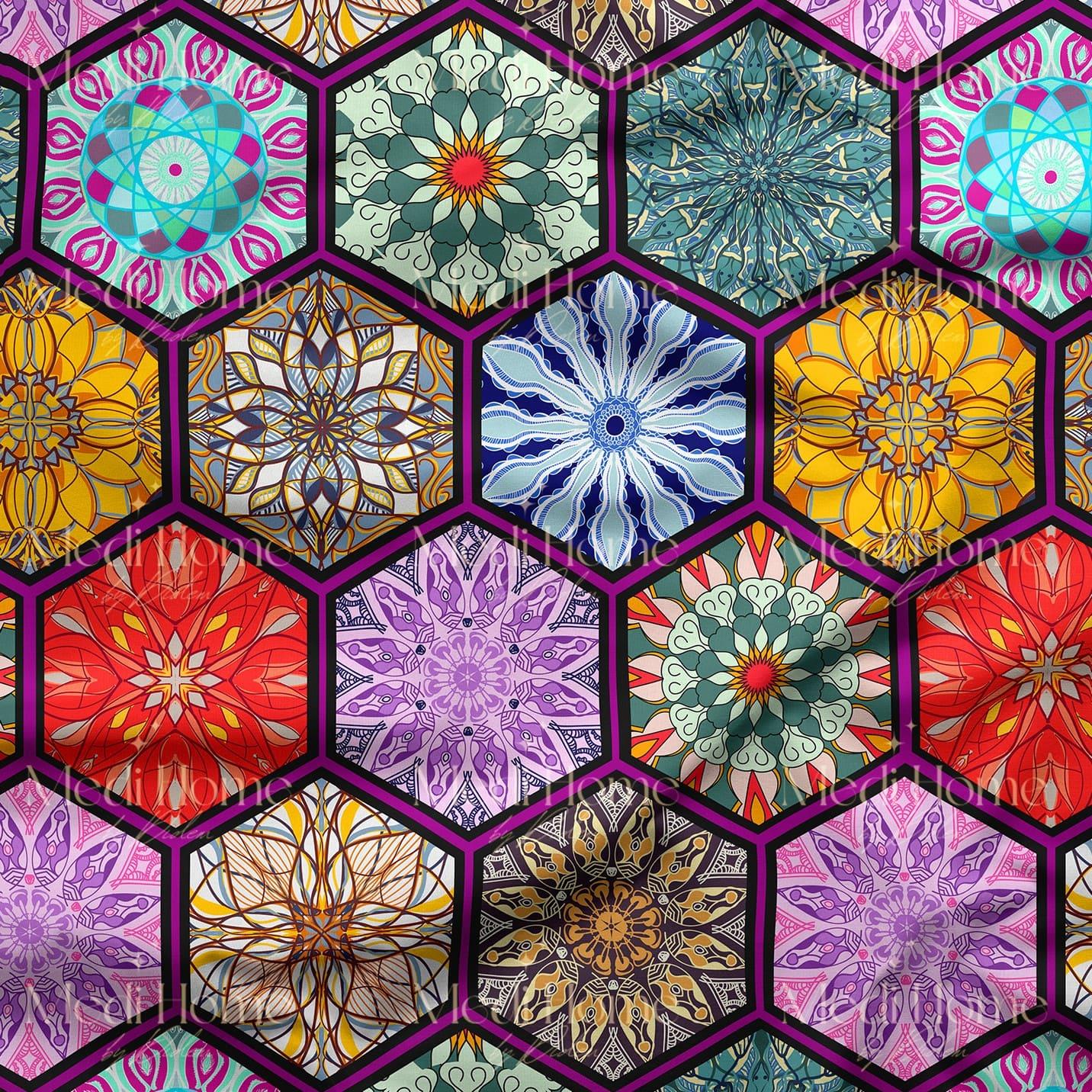 Geometrik Altıgen Etnik Mandala Desenli Dijital Baskılı Kumaş
