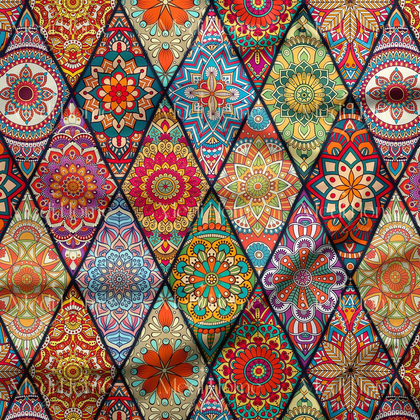 Geometrik Baklava Etnik Mandala Desenli Dijital Baskılı Kumaş