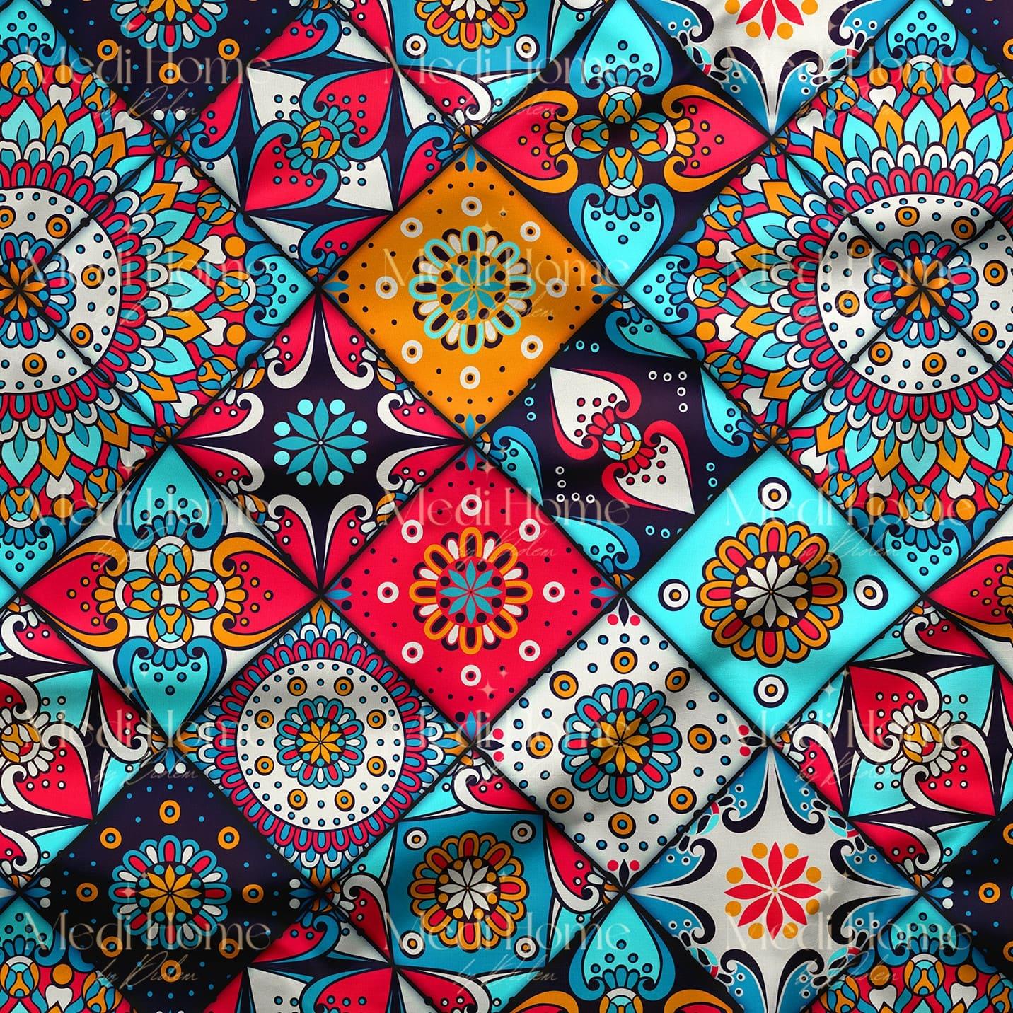 Geometrik Etnik Motifli, Mandala Desenli Dijital Baskılı Kumaş
