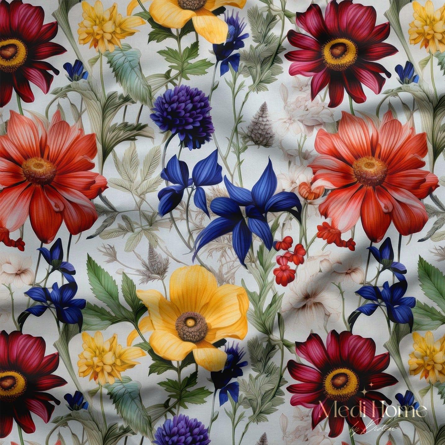 Gerbera ve Mavi Çiçeklerin Bahçesi Dijital Baskılı Kumaş