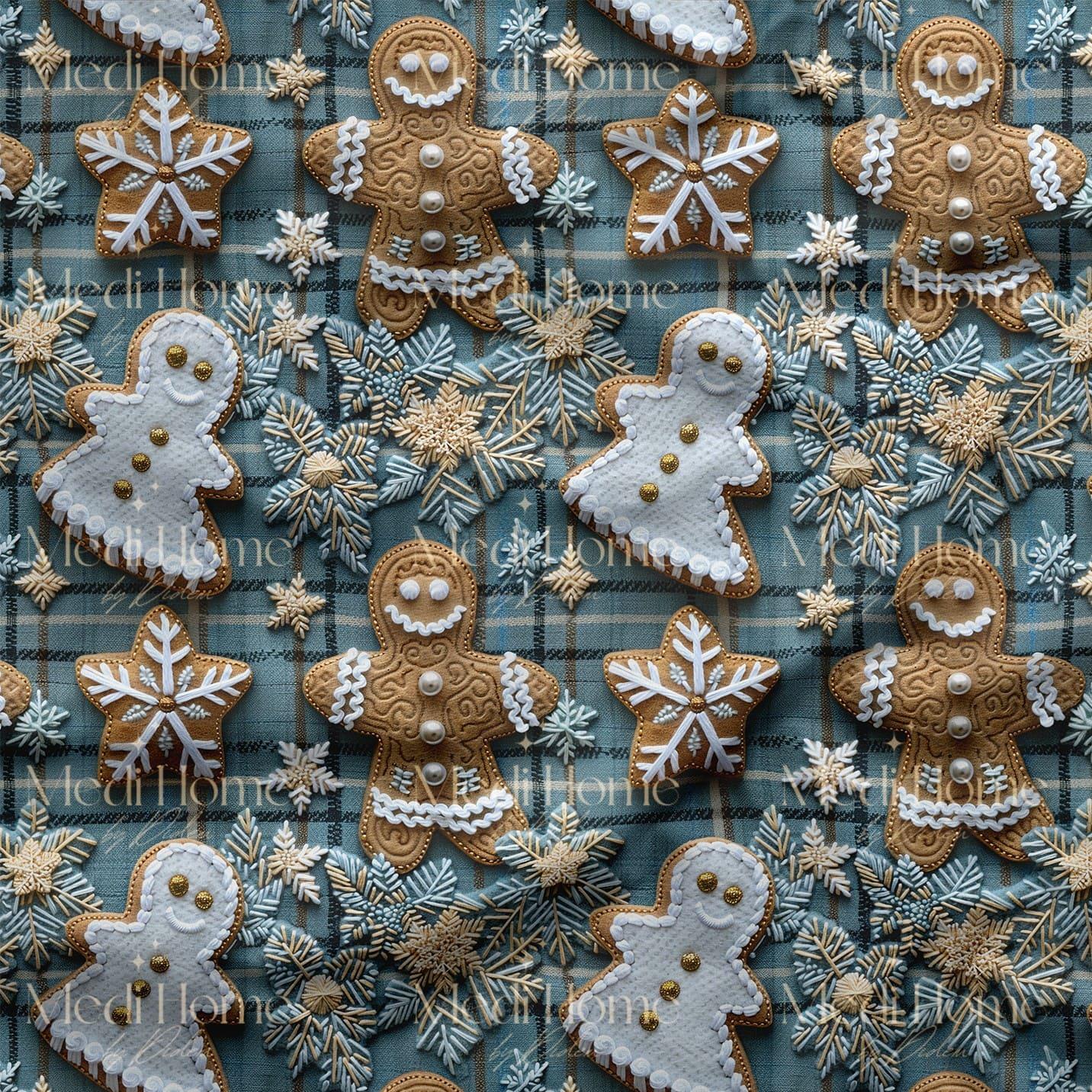 Gingerbread Kar Masalı – 3D Kurabiye Adam & Kar Taneleri Dijital Baskılı Kumaş