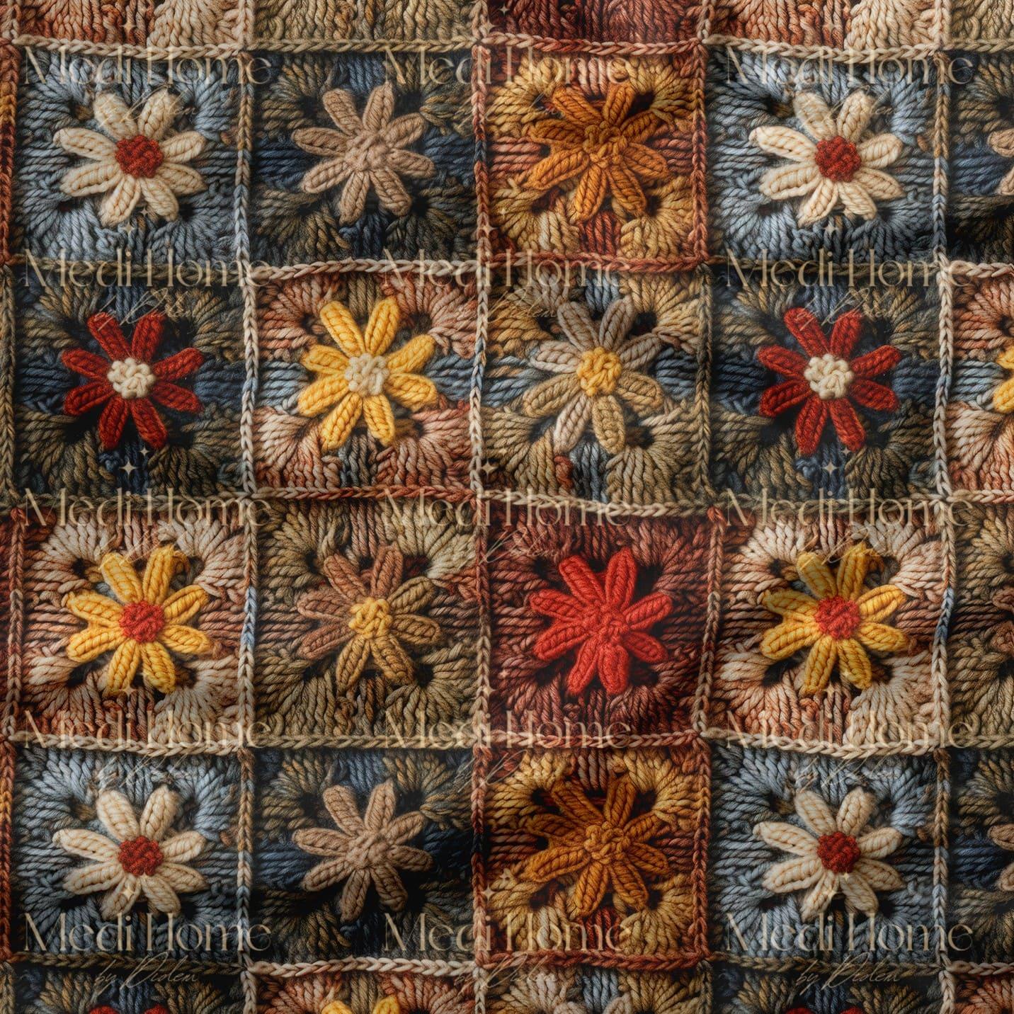 Gölge Tonlarda Patchwork Çiçek Harmanı Dijital Baskılı Kumaş