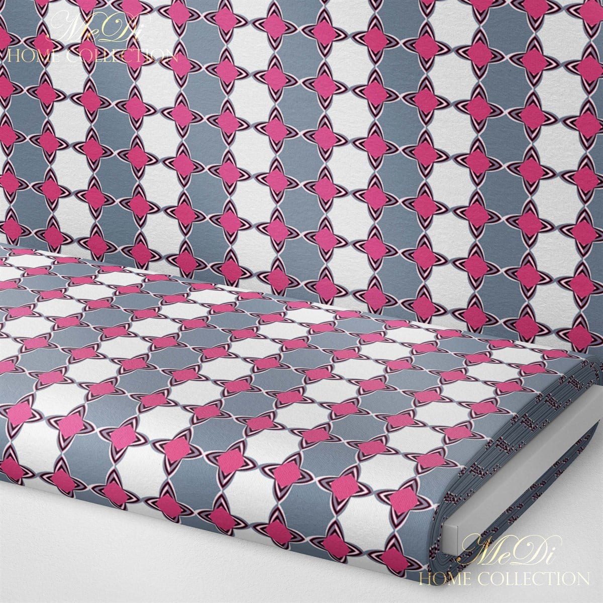 Gri-Pembe Geometrik Yıldız Desenli Dijital Baskılı Kumaş