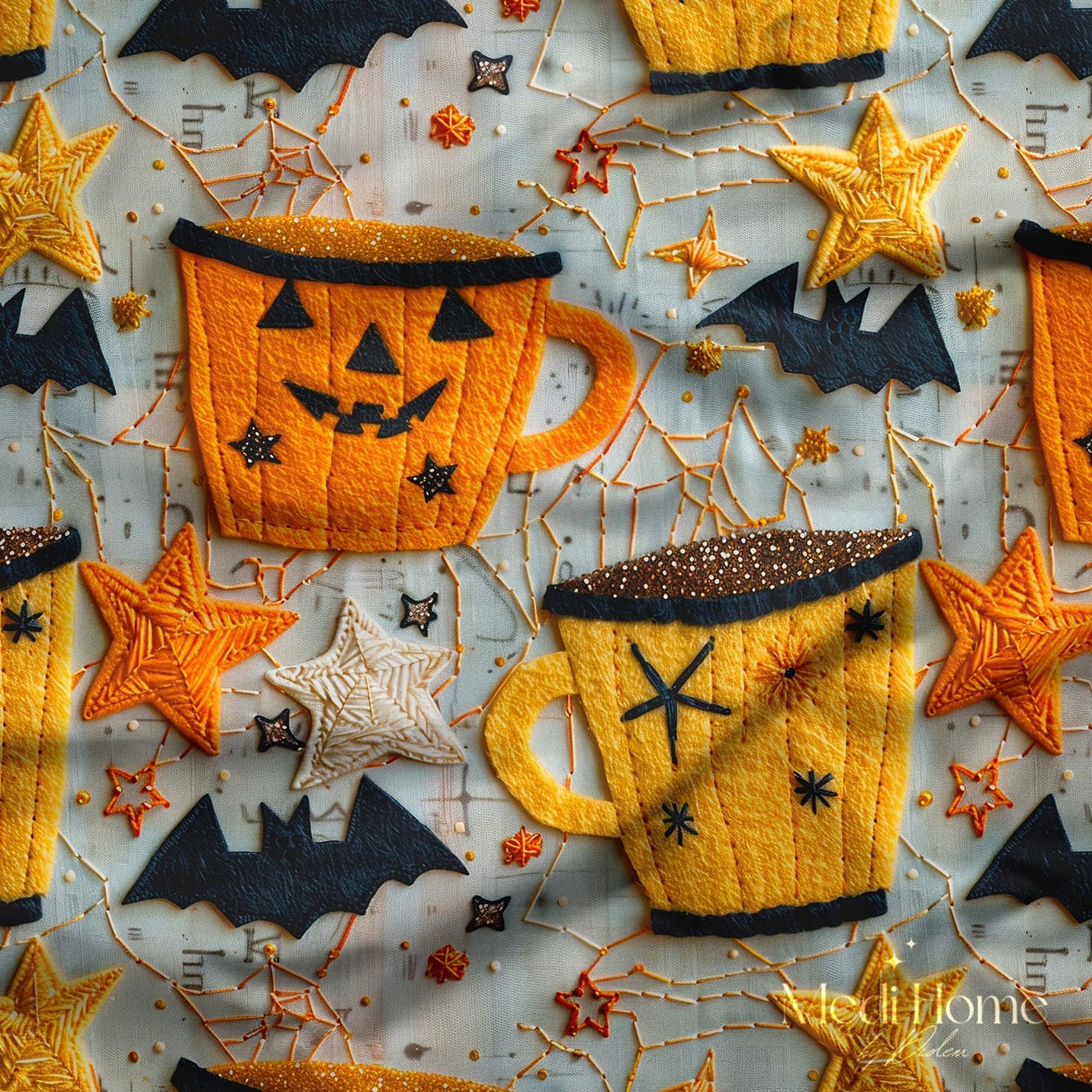 Halloween Balkabağı Kupaları ve Yarasalar Dijital Baskılı Kumaş