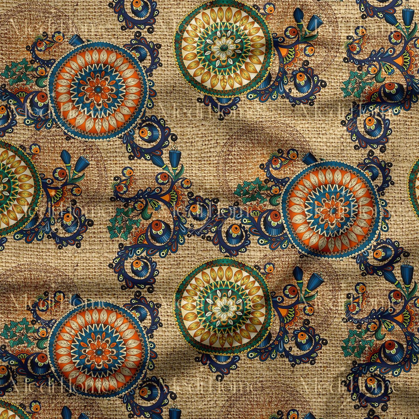 Hasır Zemin Üzerinde Etnik Mandala Dansı Dijital Baskılı Kumaş