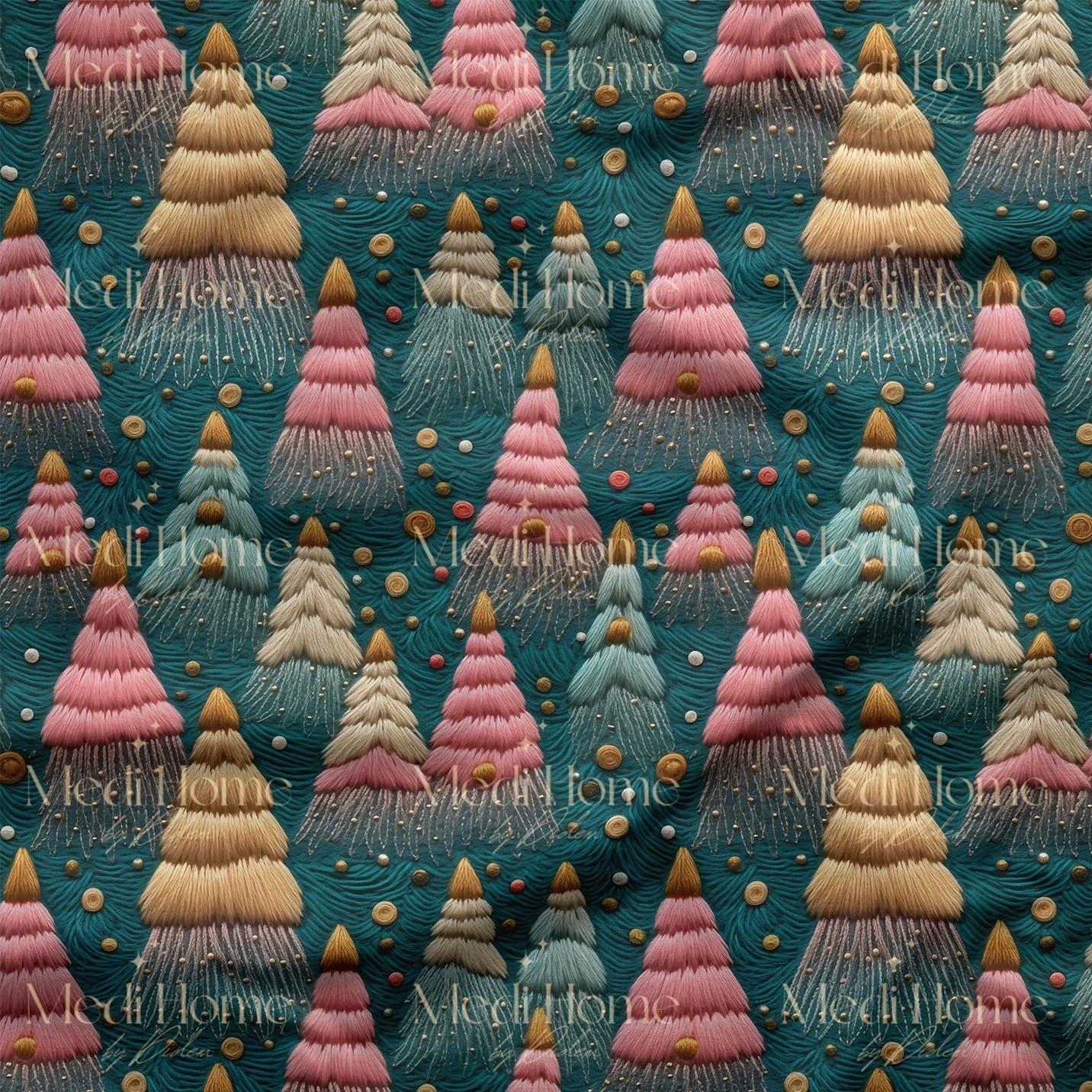 Işıltılı İplerle Pastel Yılbaşı Ormanı Dijital Baskılı Kumaş