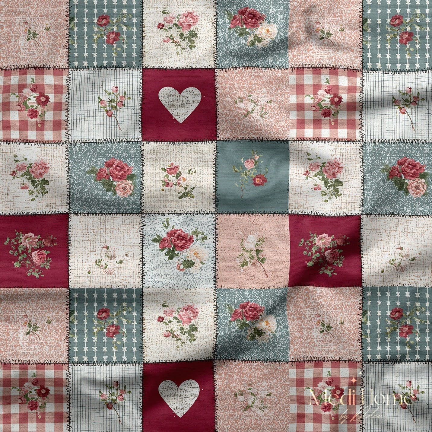 Kalpli Country Patchwork Bahçesi Dijital Baskılı Kumaş