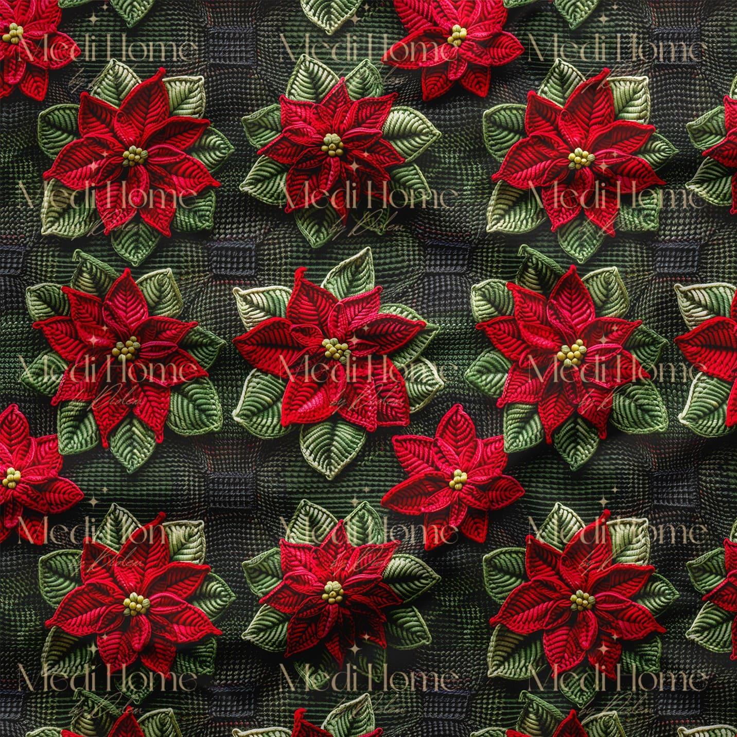 Karanlık Zeminde Kırmızı Çiçeklerin Yılbaşı Işıltısı – 3D Poinsettia Dijital Baskılı Kumaş