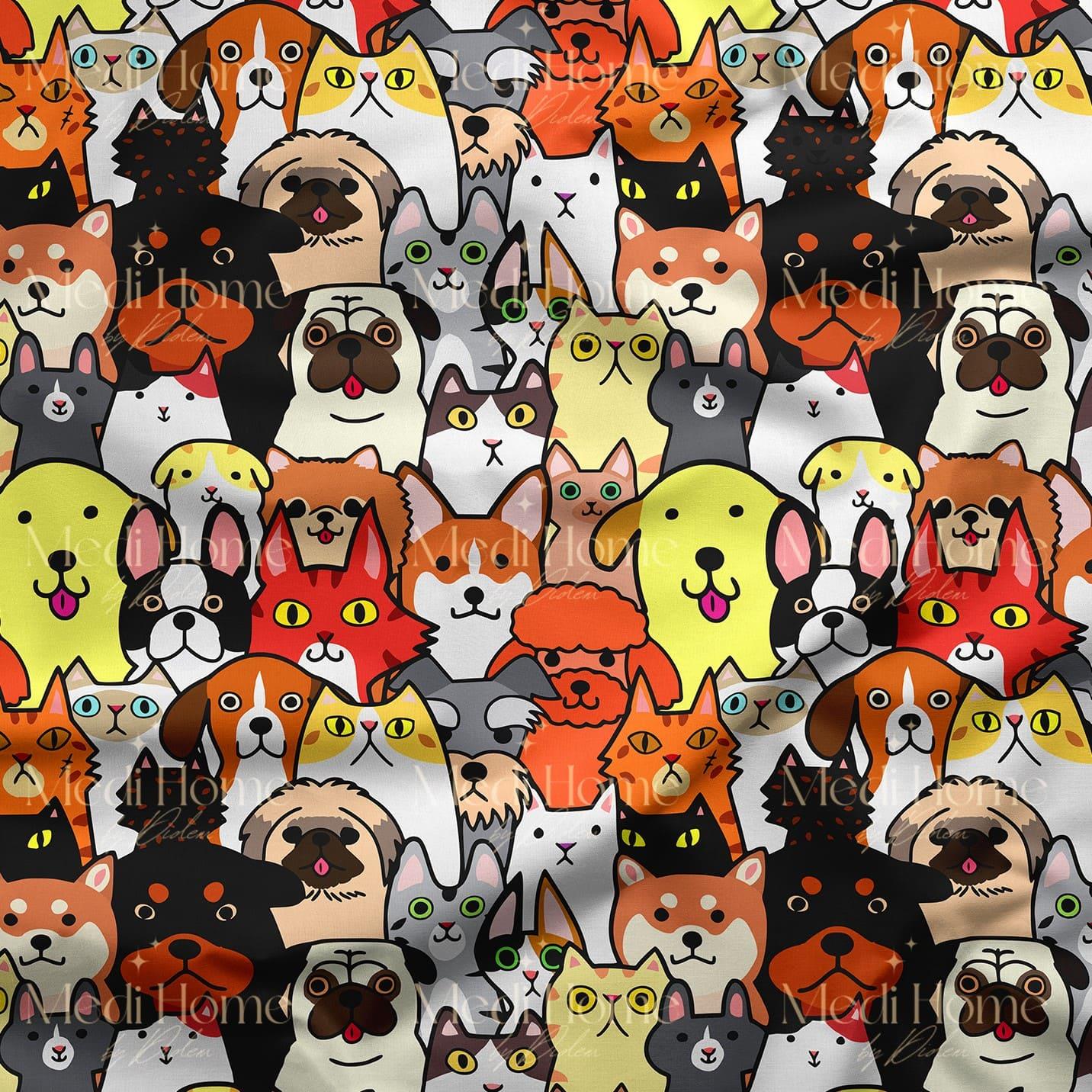 Karikatür Kedi- Köpek Çizimi Desenli Dijital Baskılı Kumaşı