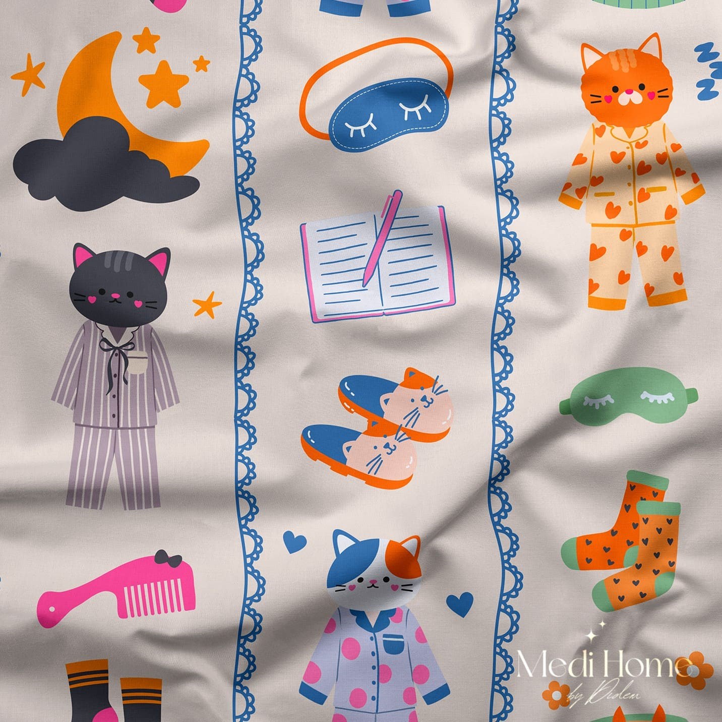 Kedili Pijama Partisi Dijital Baskılı Kumaş