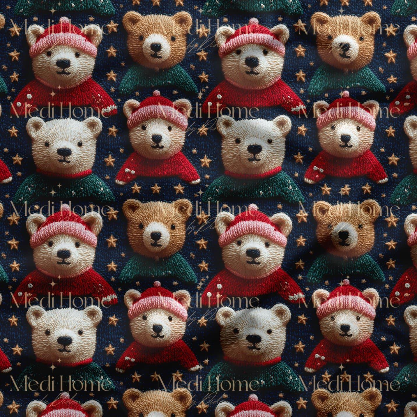 Kırmızı Bere Detaylı Yıldızlı Teddy Ayıcıklar Dijital Baskılı Kumaş