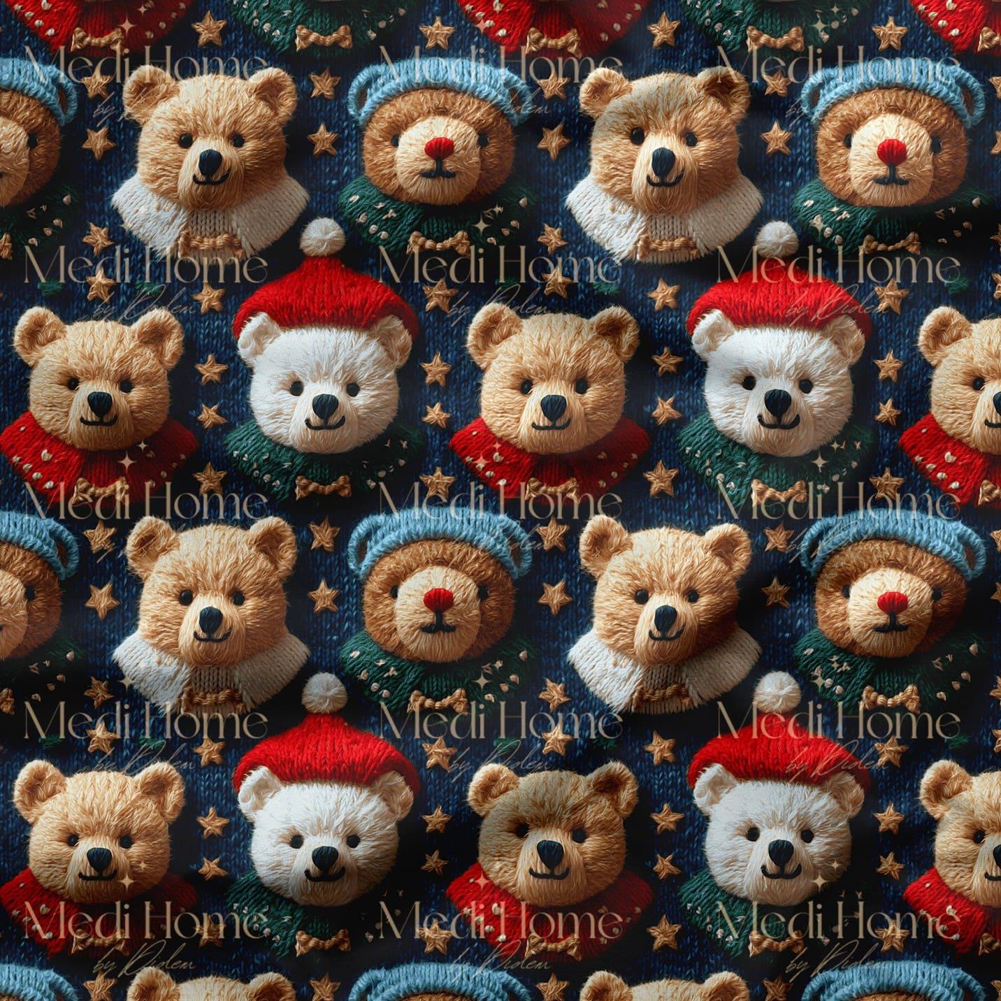 Kırmızı Bere ve Mavi Şapkalı Teddy Ayıcıklar Dijital Baskılı Kumaş