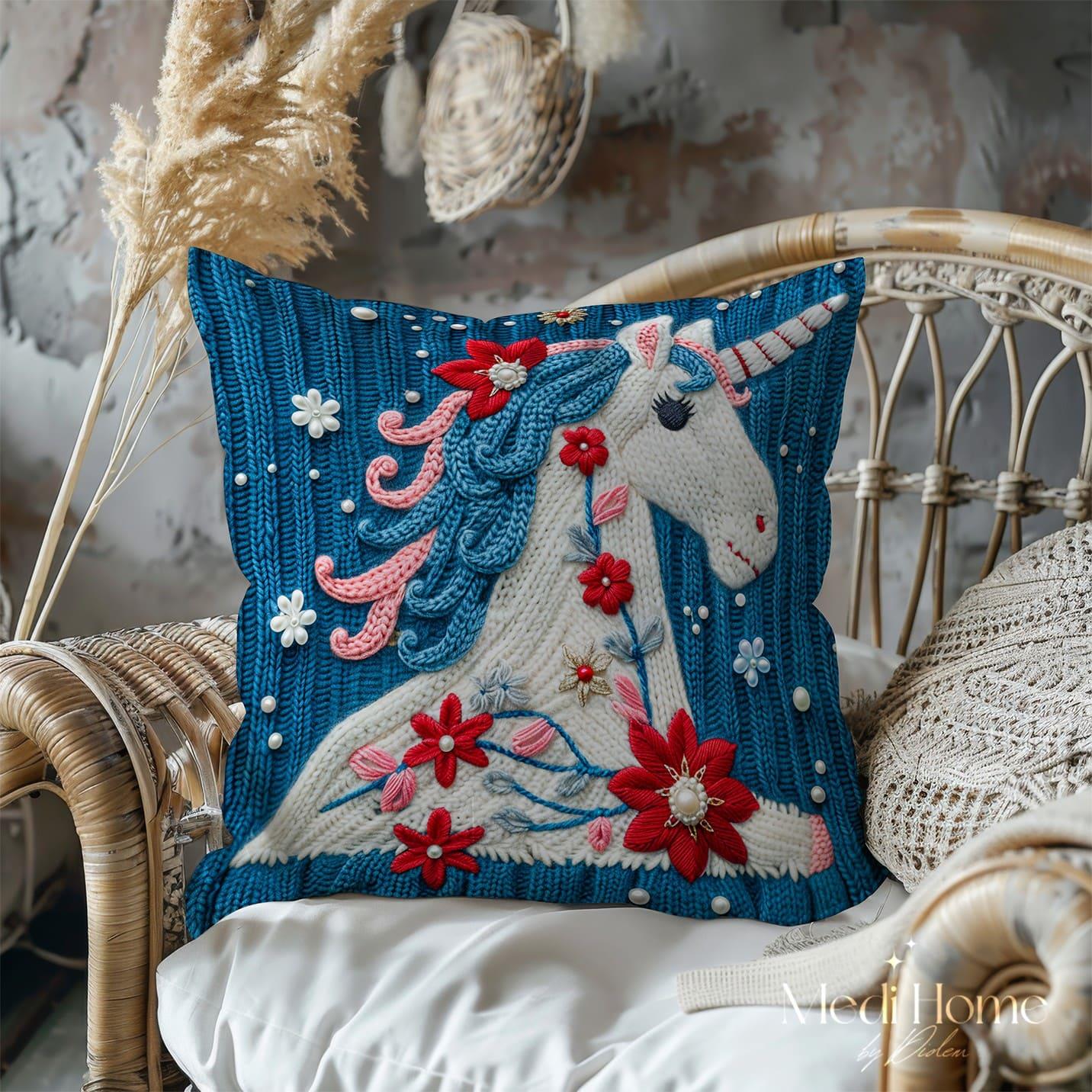 Kırmızı Çiçeklerle Unicorn Zarafeti 3'lü Pano Kumaşı